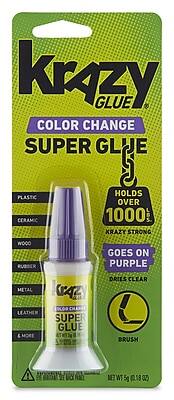 Krazy Glue Color Change Super Glue  
Holds over 1000 lbs.  
Krazy Strong  
Goes on Purple  
Dries Clear  
Brush  
Net Wt 5g (0.18 oz)  
Plastic  
Ceramic  
Wood  
Rubber  
Metal  
Leather & More