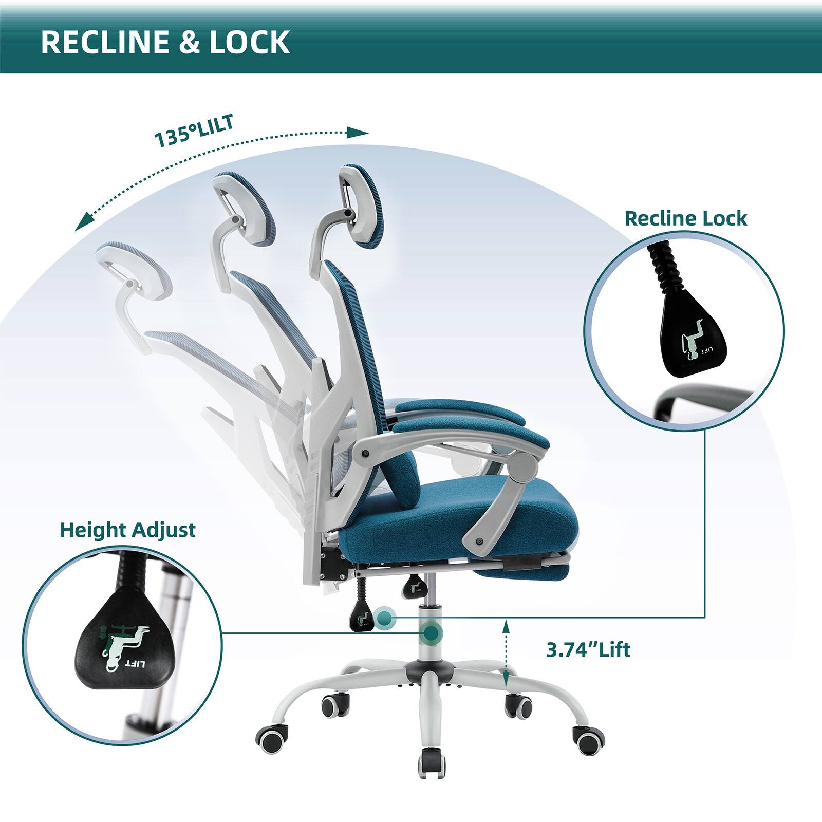 RECLINE & LOCK

135° LILT

Recline Lock

Height Adjust

3.74" Lift