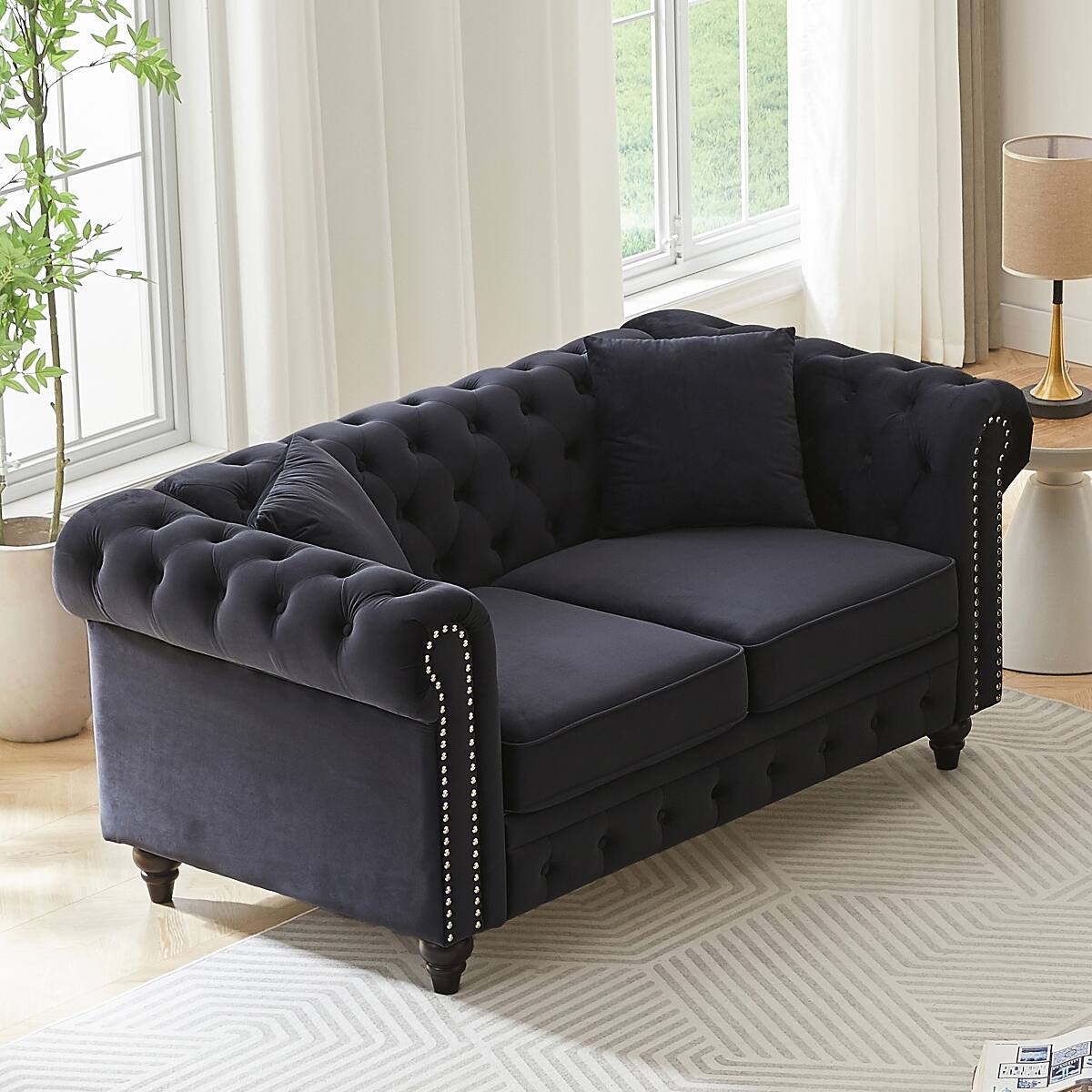Alt View 2. Ropilly - Ropilly Black Velvet Chesterfield Sofa, Button Tufted 2 Seat Living Room Sofa with Pillows - Black.
