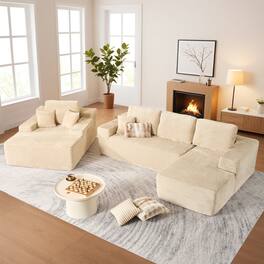 Ovios - 106" L-Shaped Cloud Sectional Sofa with Oversized Chaise Lounge - Beige(Plush Corduroy, Right Facing)