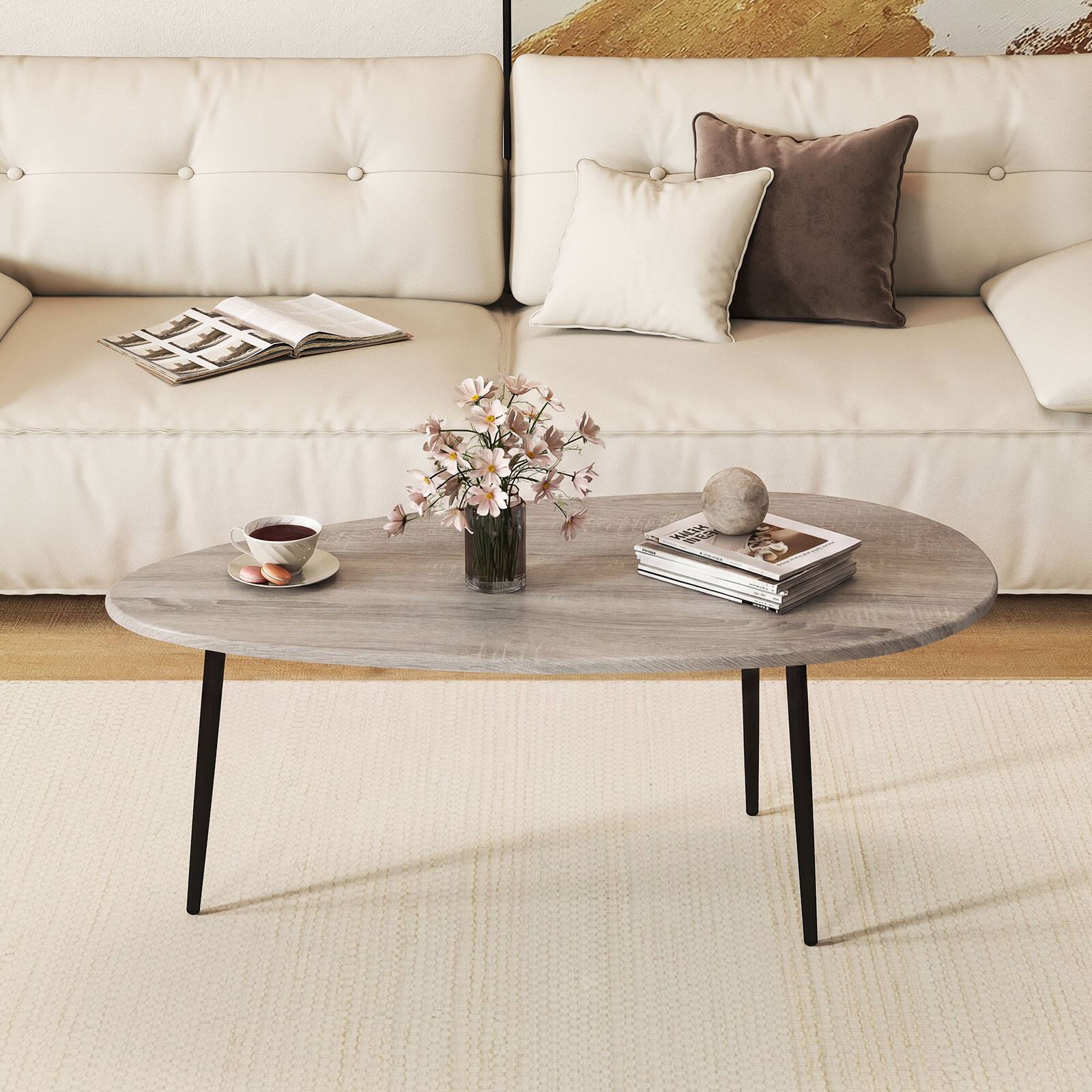 Alt View 3. Costway - Costway Oval Coffee Table, Mid Century Center Table with Sturdy Metal Construction for Home - Gray.