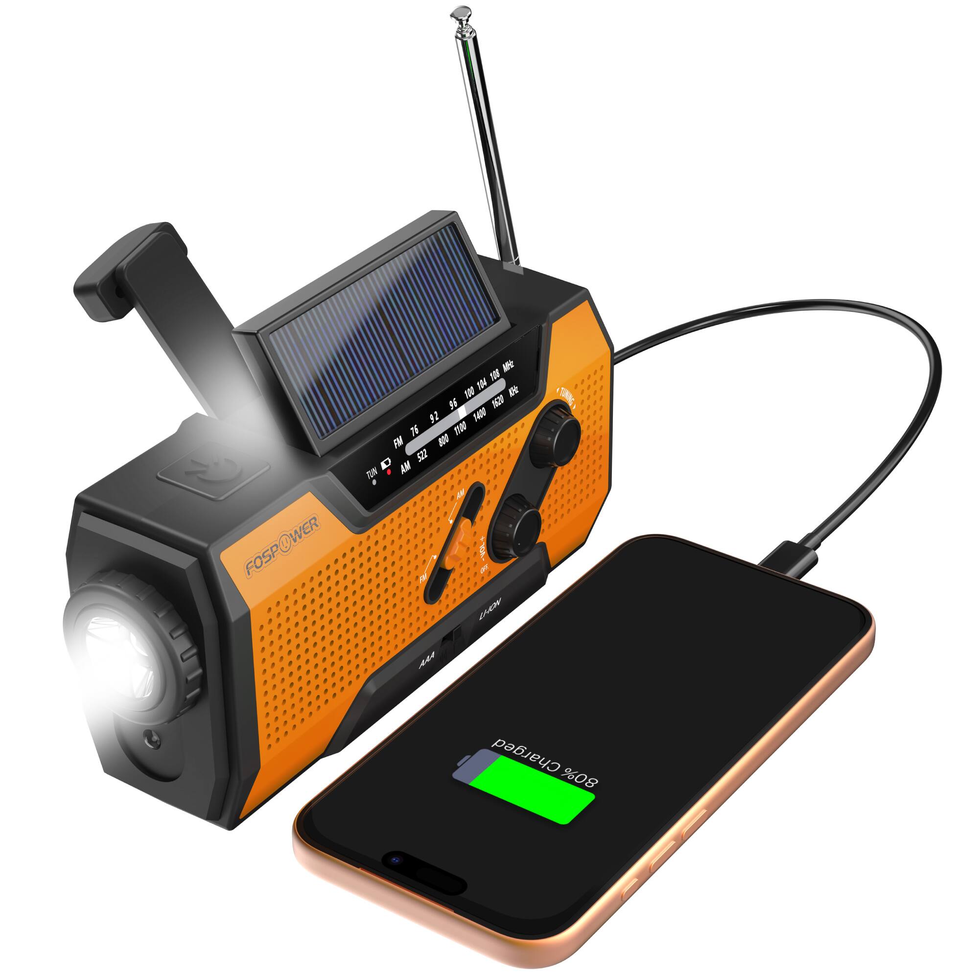 FosPower Solar Hand Crank Emergency Radio with Flashlight Cell