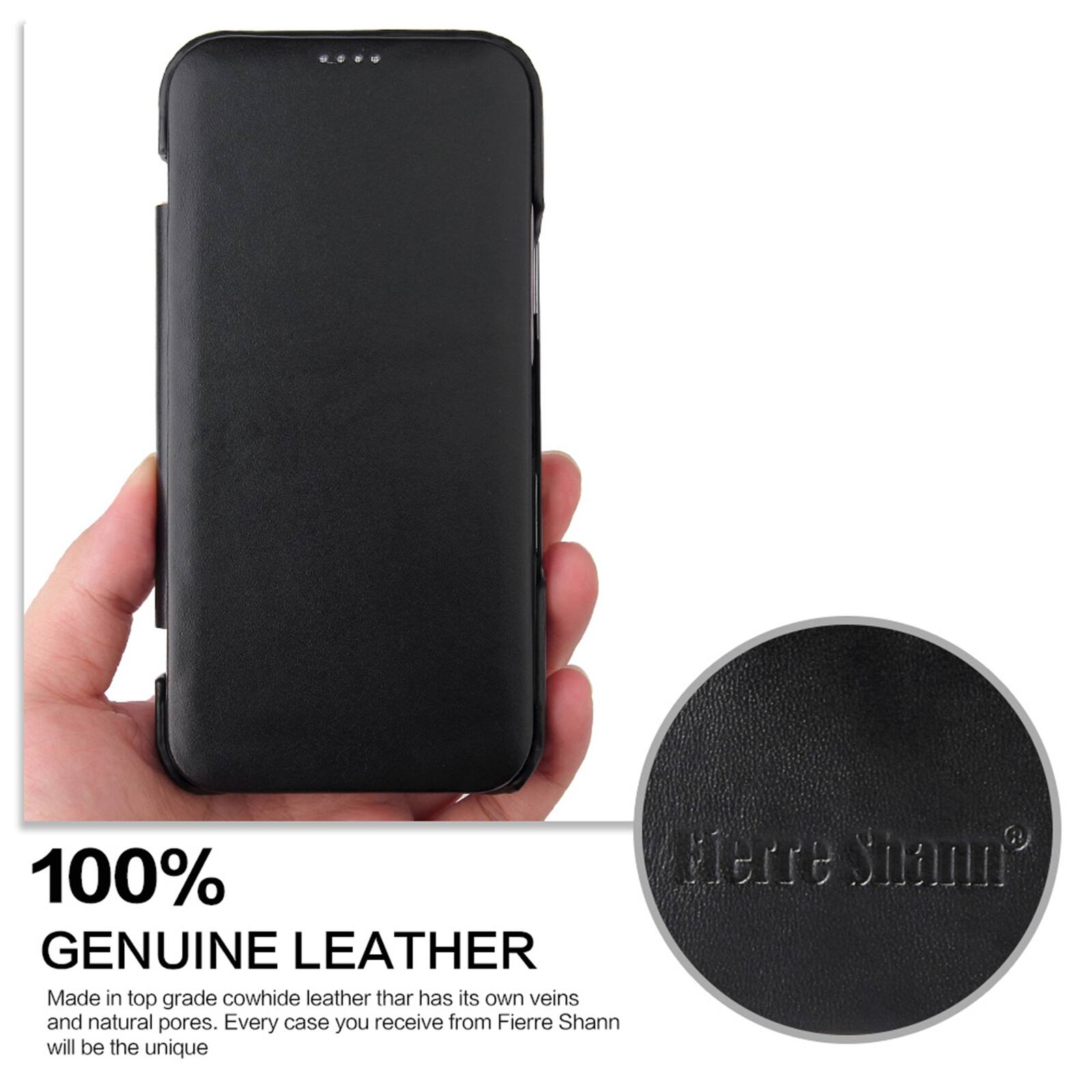 100% GENUINE LEATHER

Made in top grade cowhide leather that has its own veins and natural pores. Every case you receive from Fierre Shann will be the unique