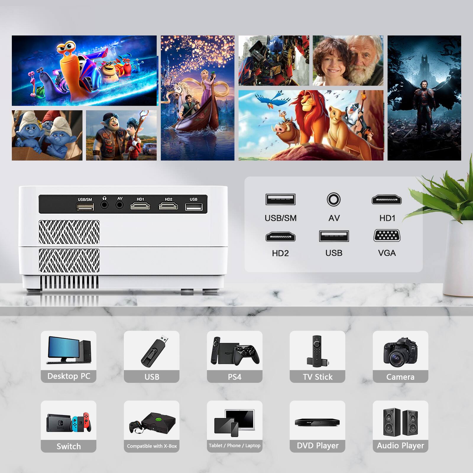 USSISM 1 AN HD1 COM USA USB/SM AV HD1 HD2 USB VGA Desktop PC USB PS4 TV Stick Camera Switch Compatible with X-Box Tablet Phone Laptop DVD Player Audio Player