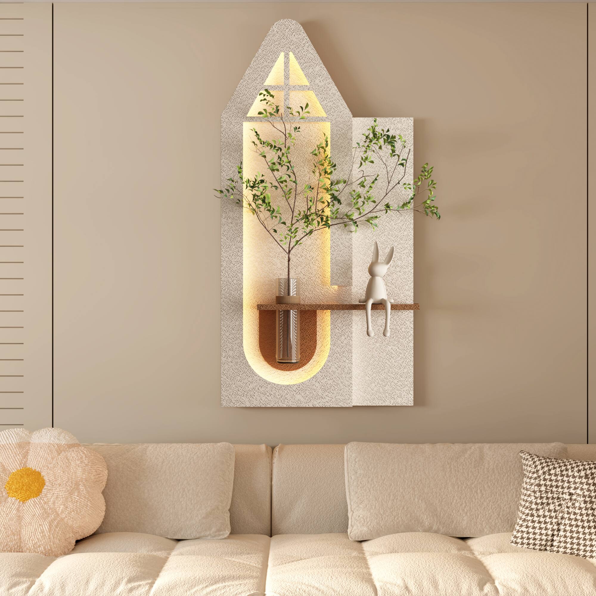 Front. GOODSILO - Adjustable Multi-Color LED Sandstone Wall Art with Artificial Greenery and Decorative Accents - Light Coffee.
