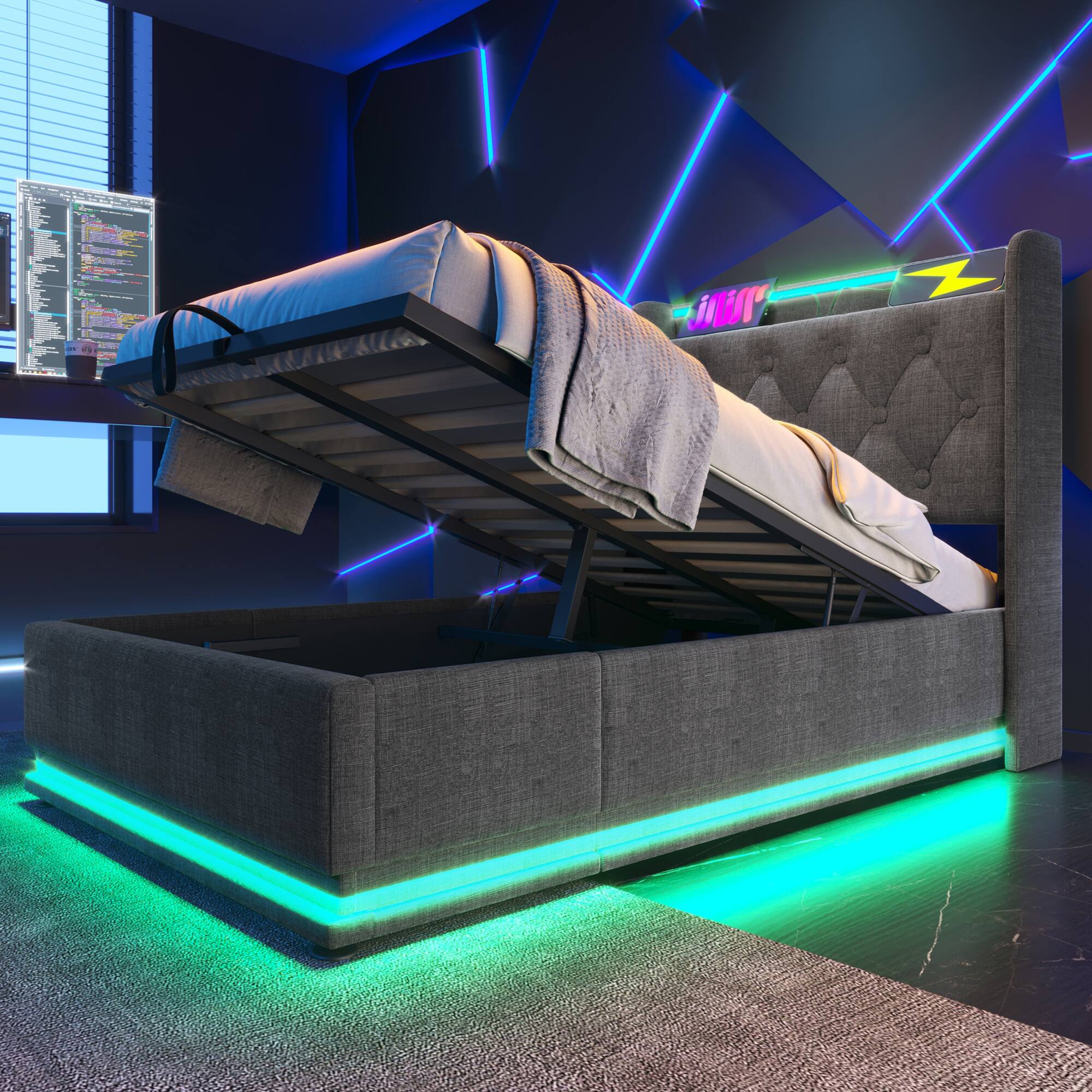 Left. GOODSILO - Twin Size Upholstered Bed Frame with LED Lighting and Hydraulic Storage - Gray.