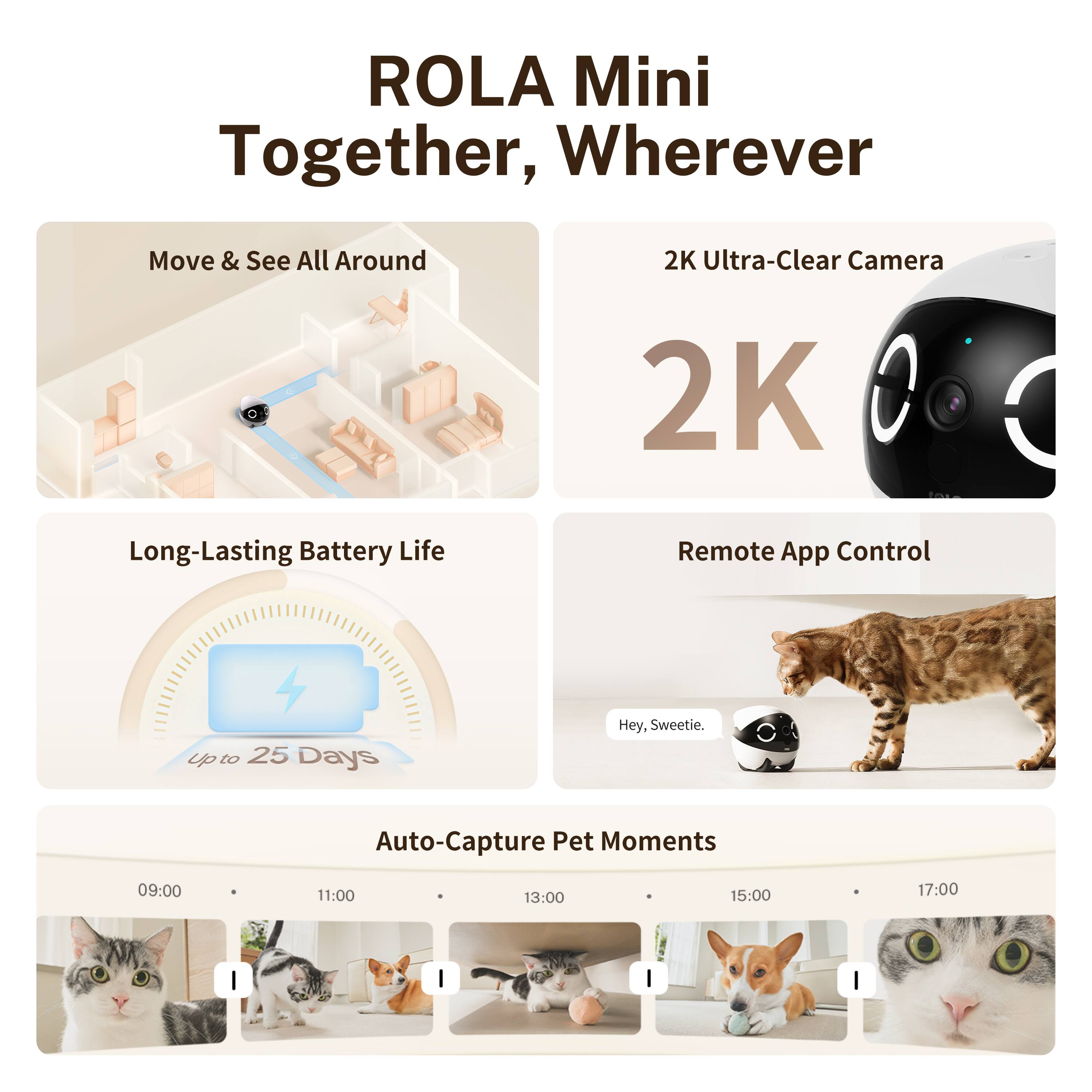 ROLA Mini Together, Wherever

Move & See All Around

2K Ultra-Clear Camera

Long-Lasting Battery Life
Up to 25 Days

Remote App Control

Auto-Capture Pet Moments

09:00
11:00
13:00
15:00
17:00

Hey, Sweetie.