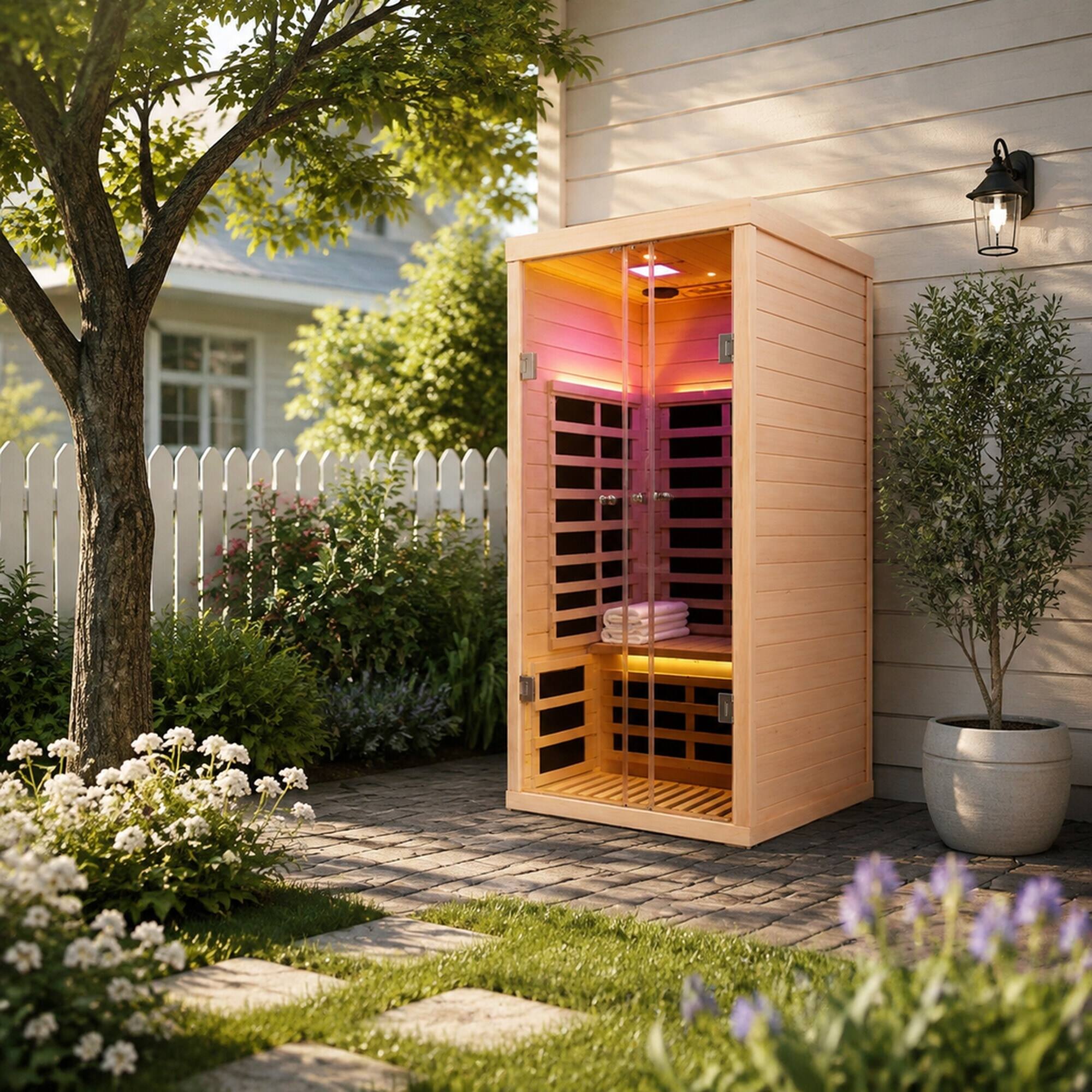 Alt View 2. RYHNUYNE - One Person Far-Infrared Sauna, Canadian Hemlock Wood, 1,760 W Carbon Crystal Heaters, Low EMF, Home Spa - Natural.