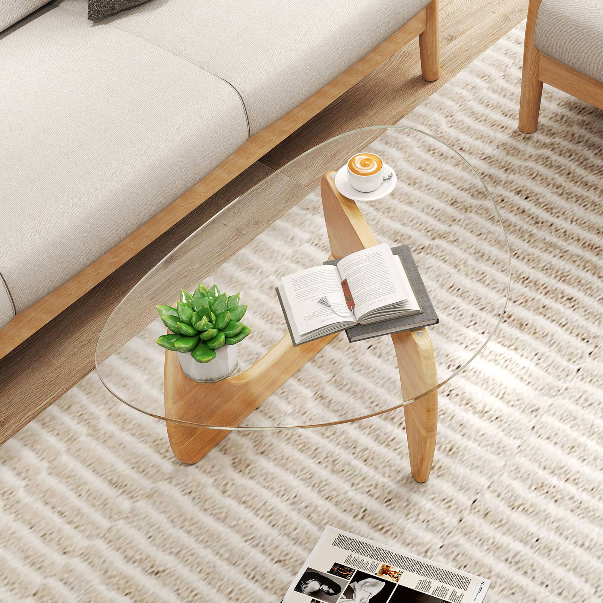 Alt View 4. Gymax - Gymax Triangle Coffee Table w/ Tempered Glass Top & Adjustable Rubber Wood Base - Natural.