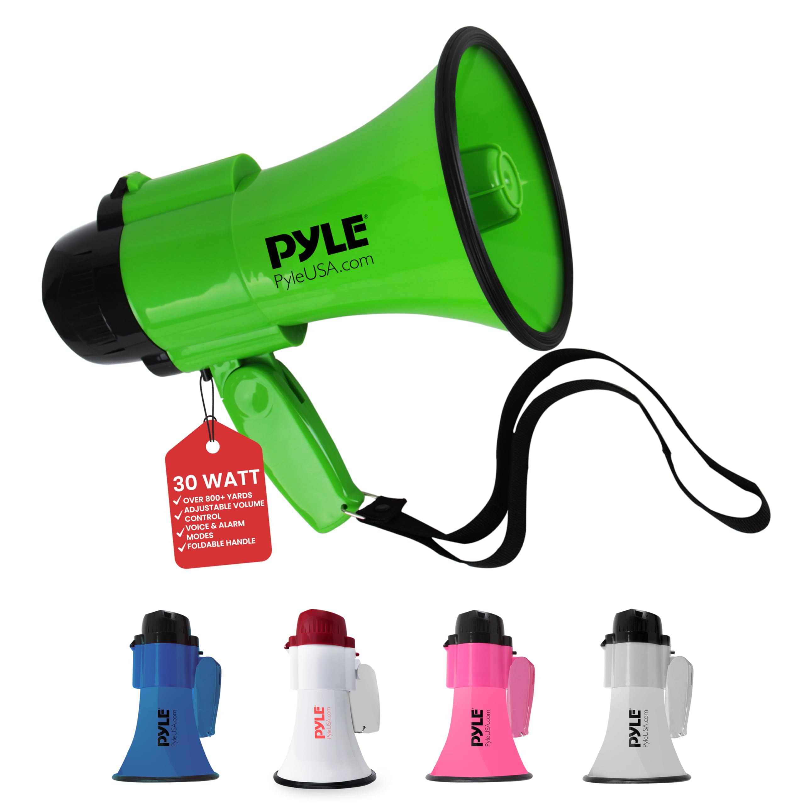 PYLE PyleUSA.com, 30 WATT, OVER 800+ YARDS, ADJUSTABLE VOLUME, CONTROL, VOICE & ALARM, MODES, FOLDABLE HANDLE, PYLE PyleUSA.com, PYLE PyleUSA.com, PYLE PyleUSA.com