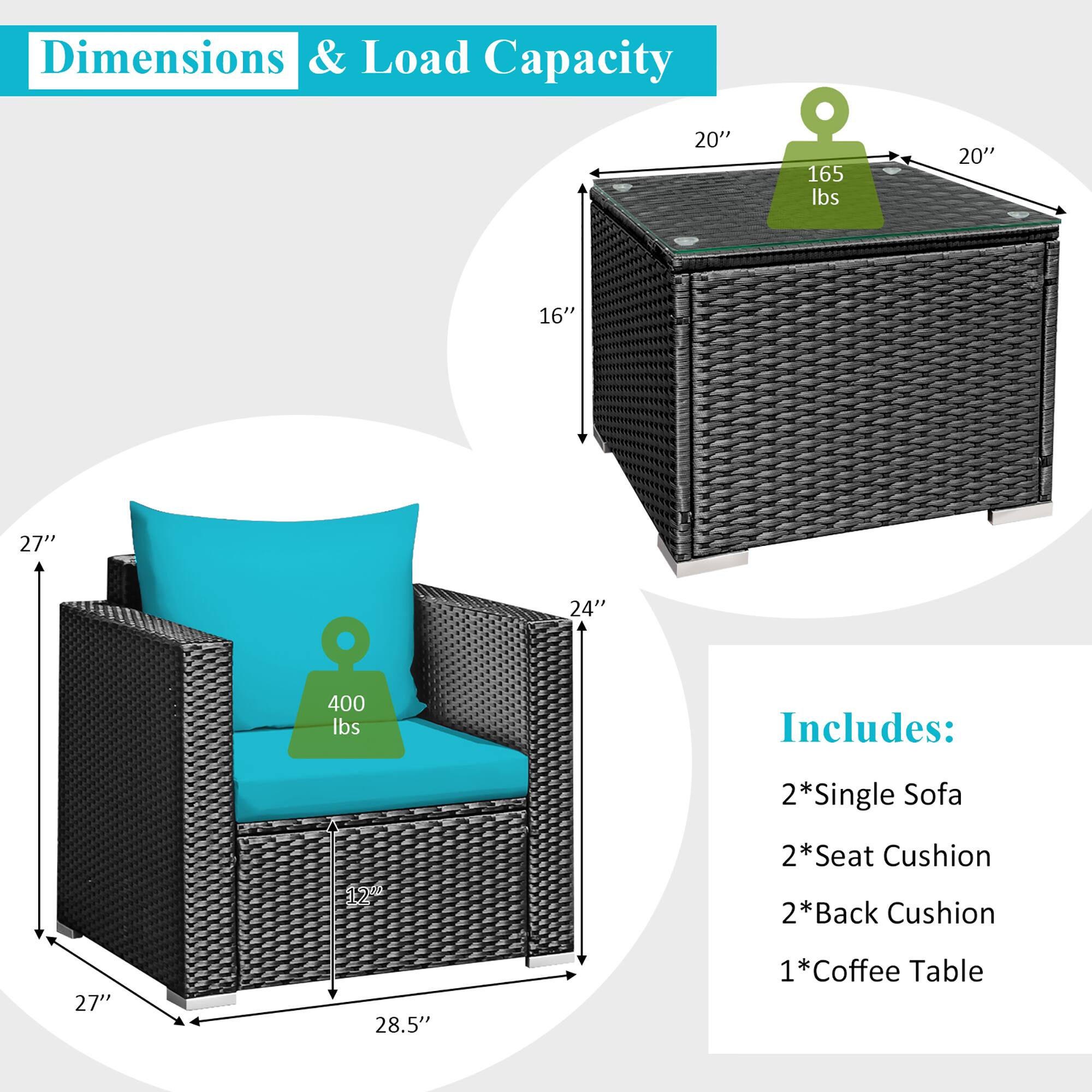 Dimensions & Load Capacity:

* 20" 165 lbs
* 20" 16"
* 27" 24" 400 lbs

Includes:

* 2*Single Sofa
* 2*Seat Cushion
* 2*Back Cushion
* 27" 28.5" 1*Coffee Table