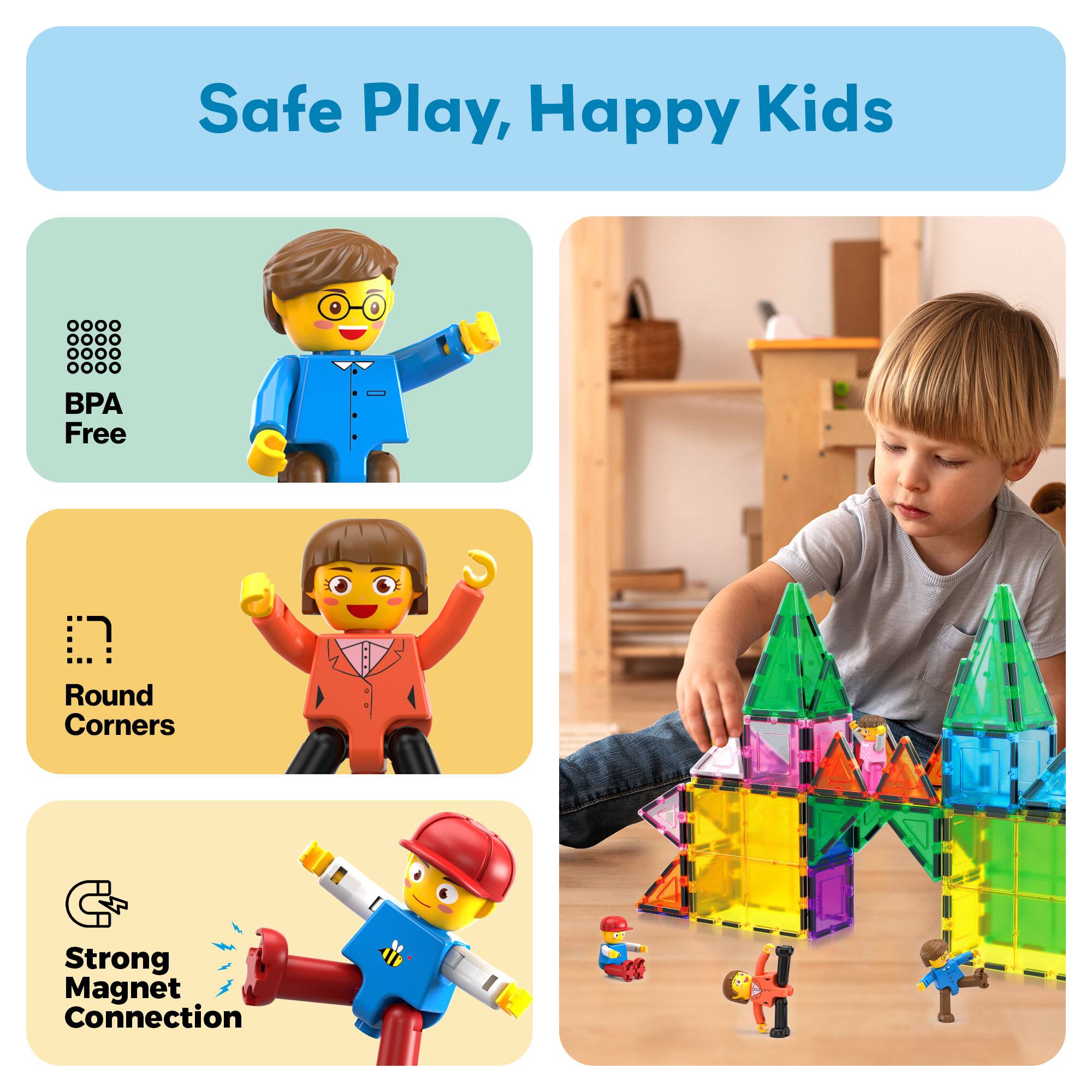 Safe Play, Happy Kids

- BPA Free
- Round Corners
- Strong Magnet Connection