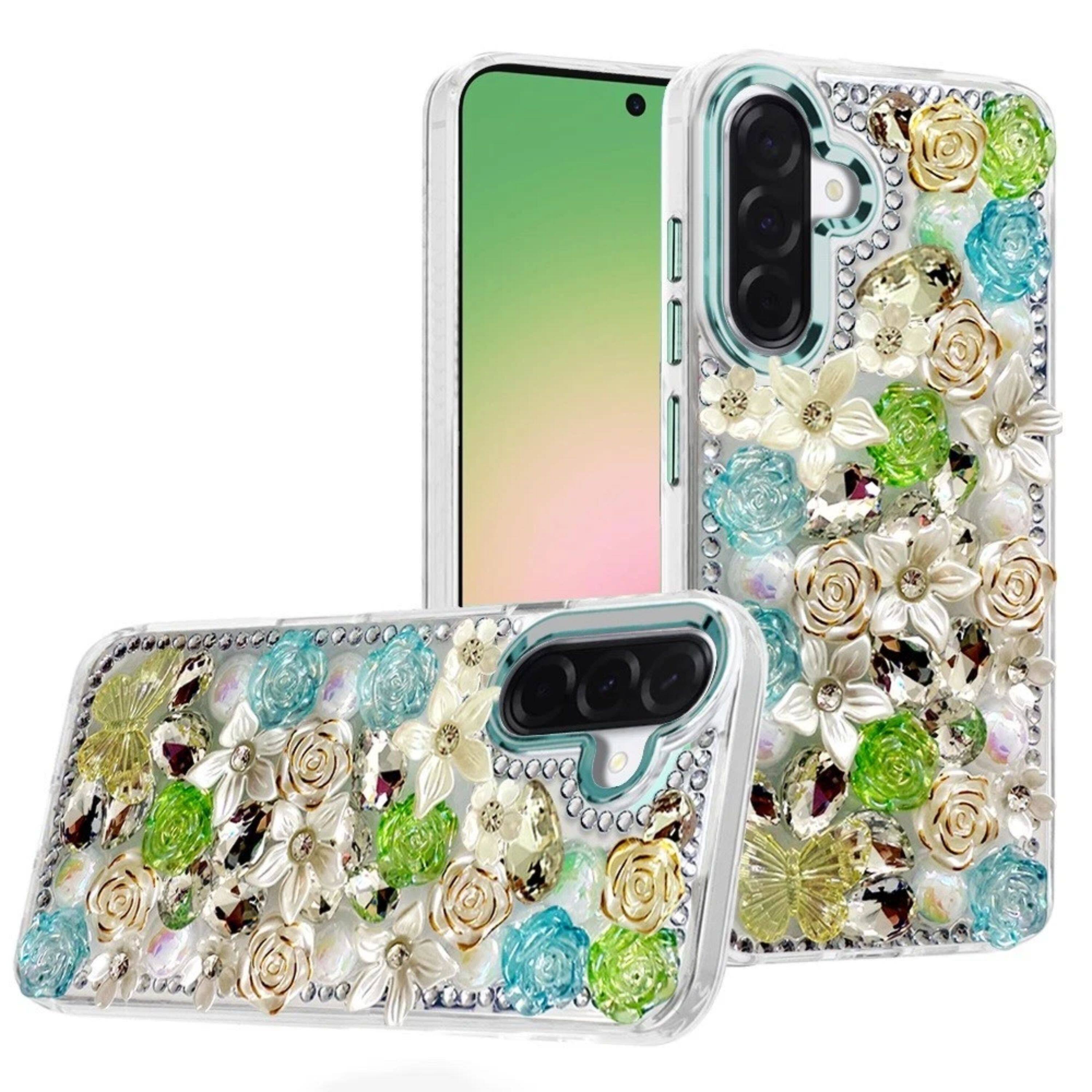 Kitcheniva - Full Floral 3D Bling Phone Case With Tempered Glass For Samsung Galaxy A57 5G - Green