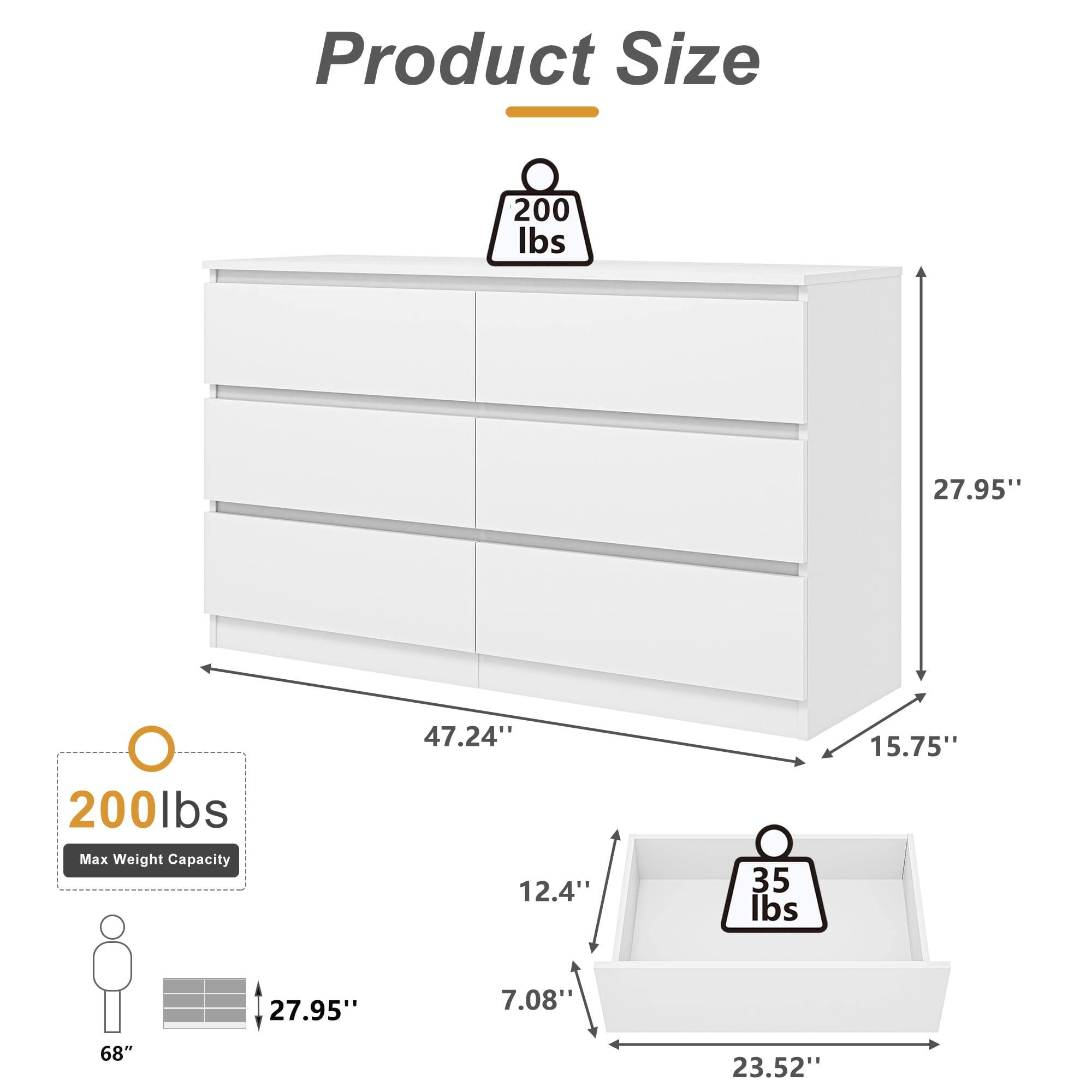 Product Size

- 200 lbs
- 27.95" (height)
- 47.24" (width)
- 15.75" (depth)

Max Weight Capacity: 200 lbs

- 12.4" (drawer height)
- 7.08" (drawer depth)
- 23.52" (drawer width)

Drawer Weight Capacity: 35 lbs