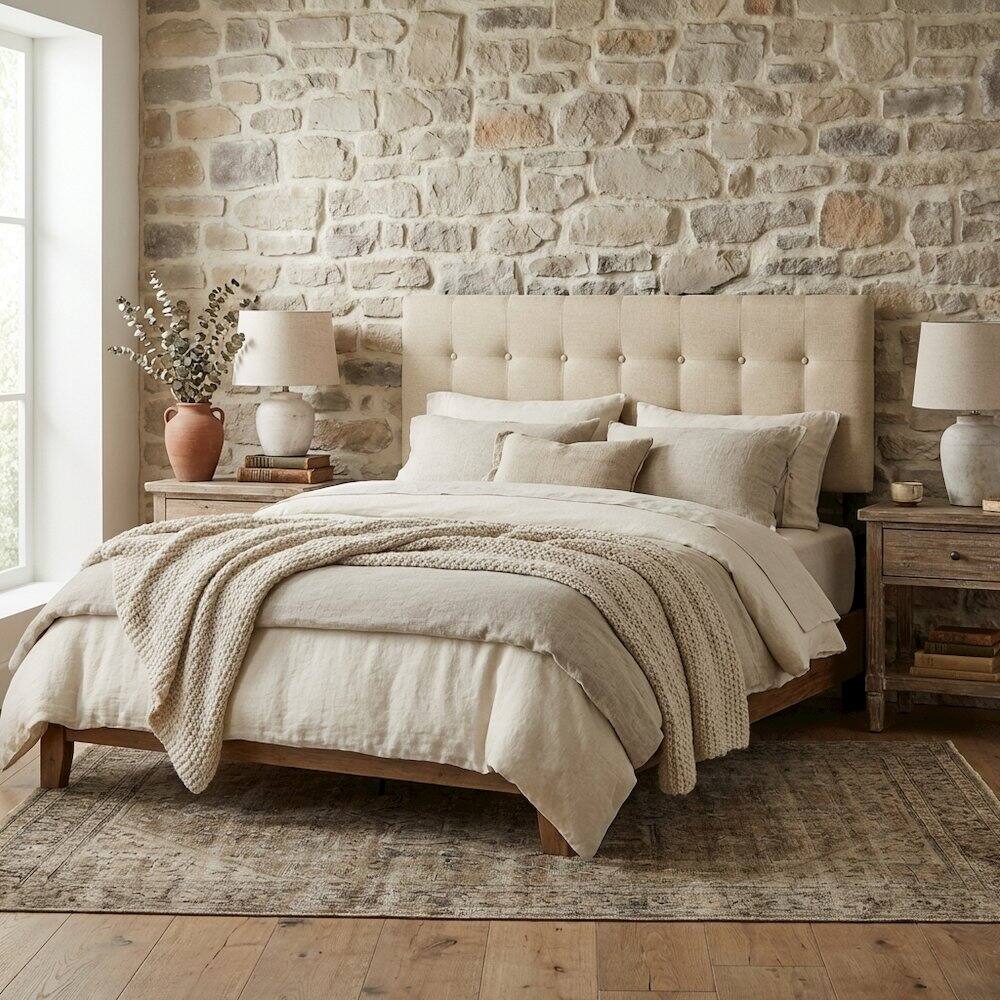 Angle. FurniFact - Upholstered Fabric King Headboard in Neutral Tone with Padded Design - Beige.