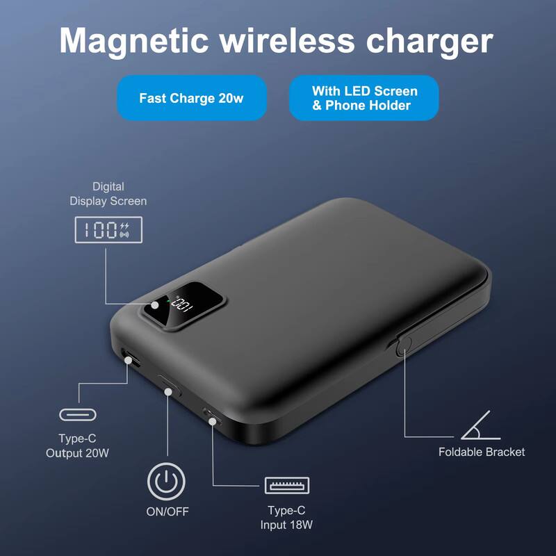 Magnetic wireless charger  
Fast Charge 20w  
With LED Screen & Phone Holder  
Digital Display Screen  
Type-C Output 20W  
ON/OFF  
Type-C Input 18W  
Foldable Bracket