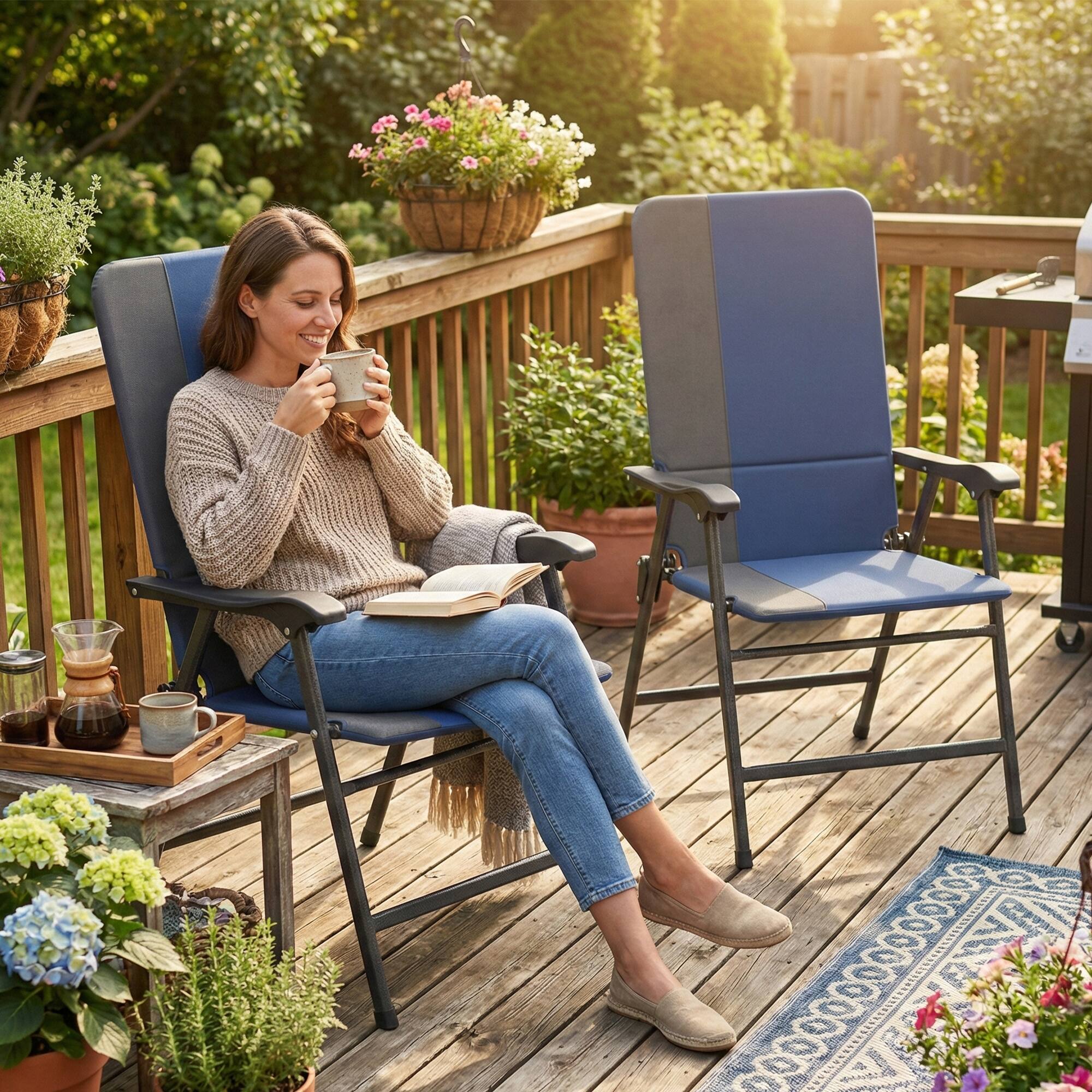 Alt View 1. Outsunny - Patio Chairs Set of 2, Padded High Back Lawn Camping Chairs with Armrests, 600D Oxford Fabric - Dark Blue.