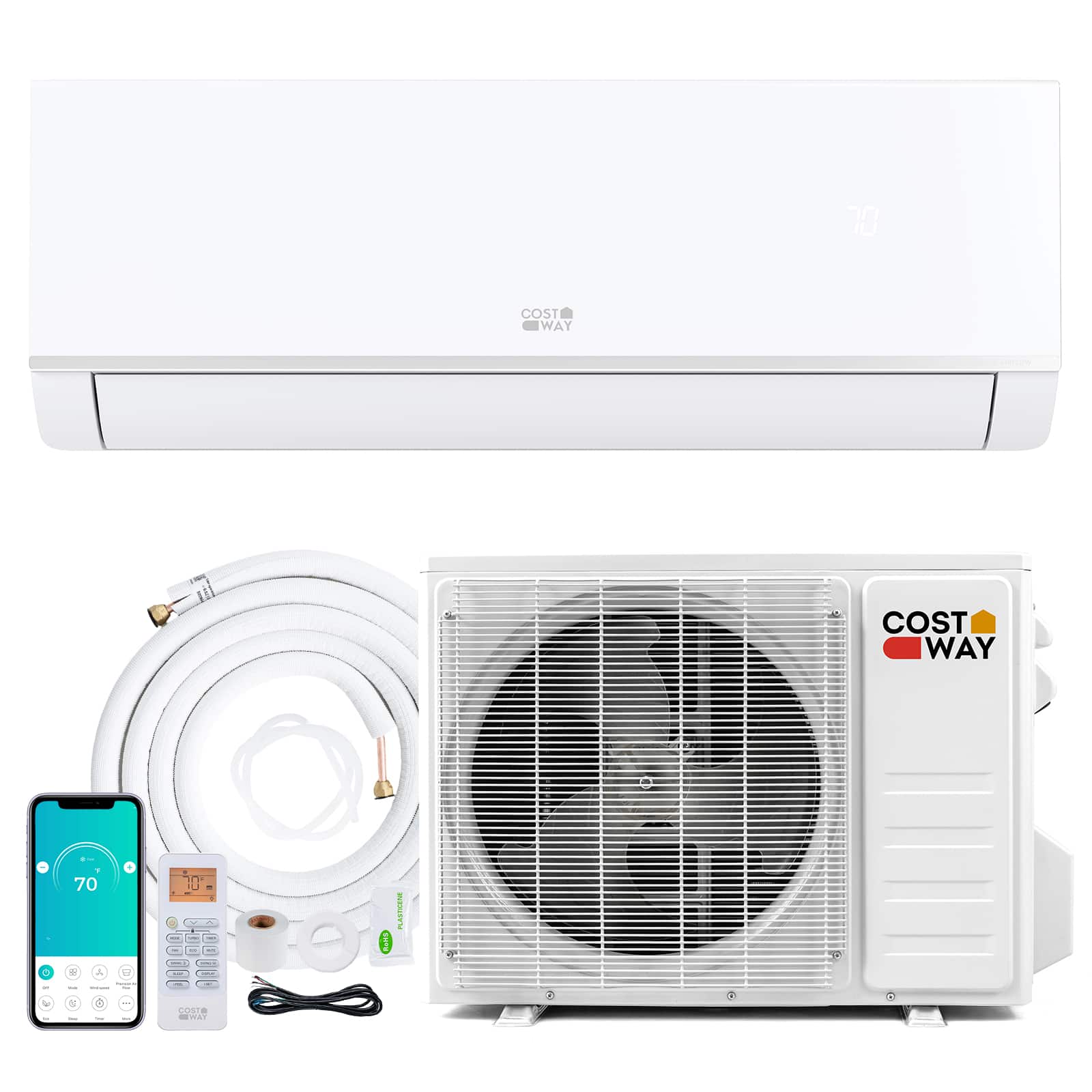 Costway - 12000 BTU 20 SEER2 115V Wifi Enabled Mini Split Air Conditioner & Heater with Installation Kit - White