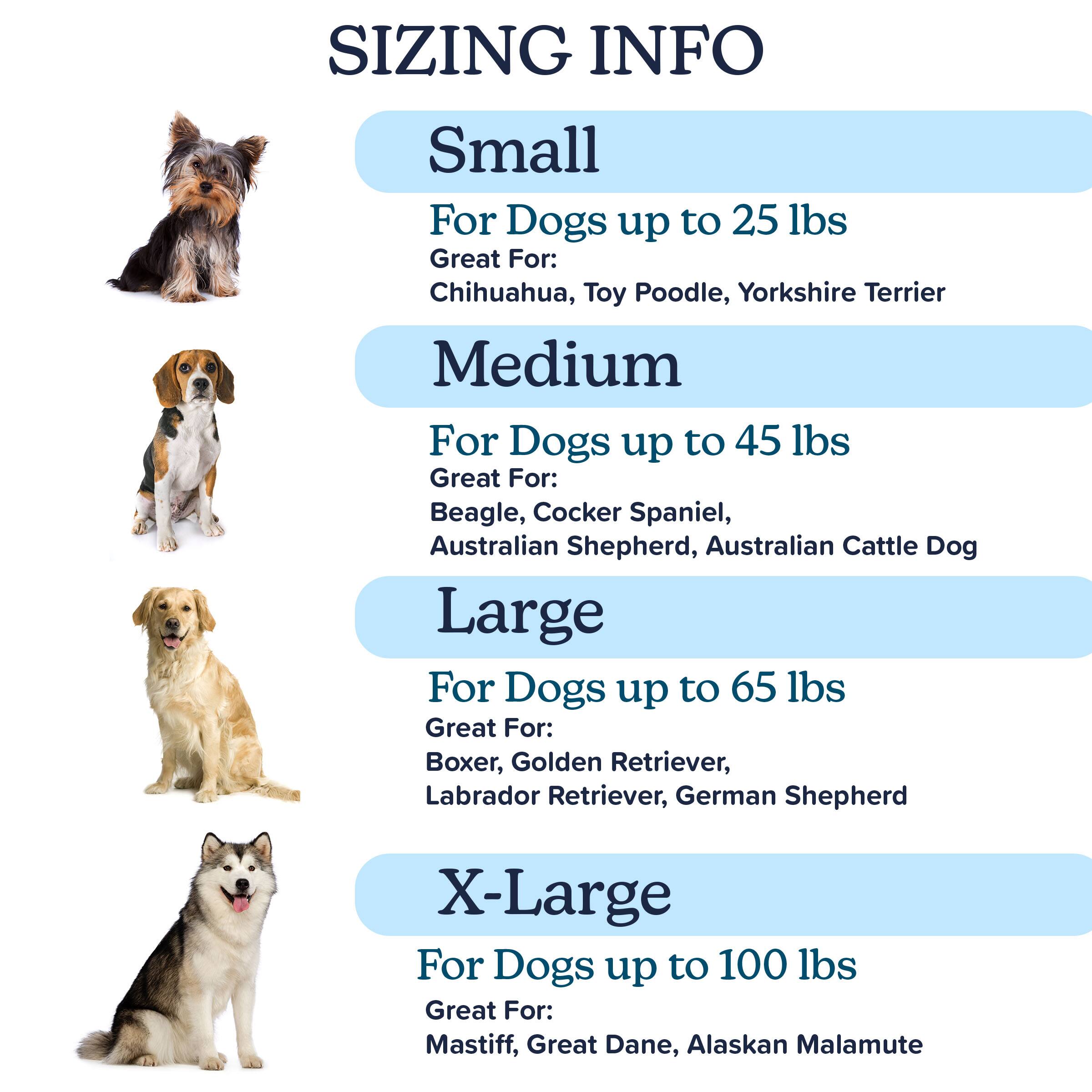 SIZING INFO

Small  
For Dogs up to 25 lbs  
Great For: Chihuahua, Toy Poodle, Yorkshire Terrier

Medium  
For Dogs up to 45 lbs  
Great For: Beagle, Cocker Spaniel, Australian Shepherd, Australian Cattle Dog

Large  
For Dogs up to 65 lbs  
Great For: Boxer, Golden Retriever, Labrador Retriever, German Shepherd

X-Large  
For Dogs up to 100 lbs  
Great For: Mastiff, Great Dane, Alaskan Malamute