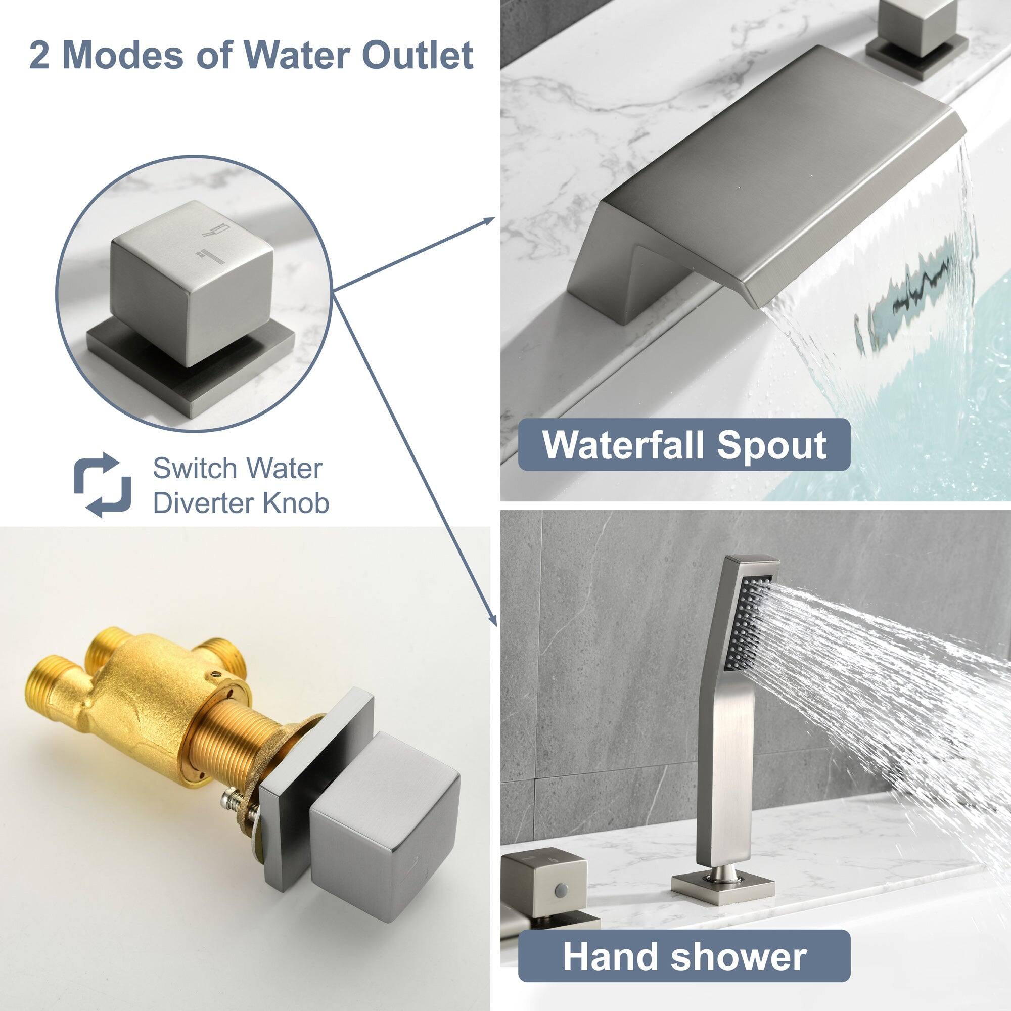 2 Modes of Water Outlet

- Switch Water Diverter Knob
- Waterfall Spout
- Hand shower