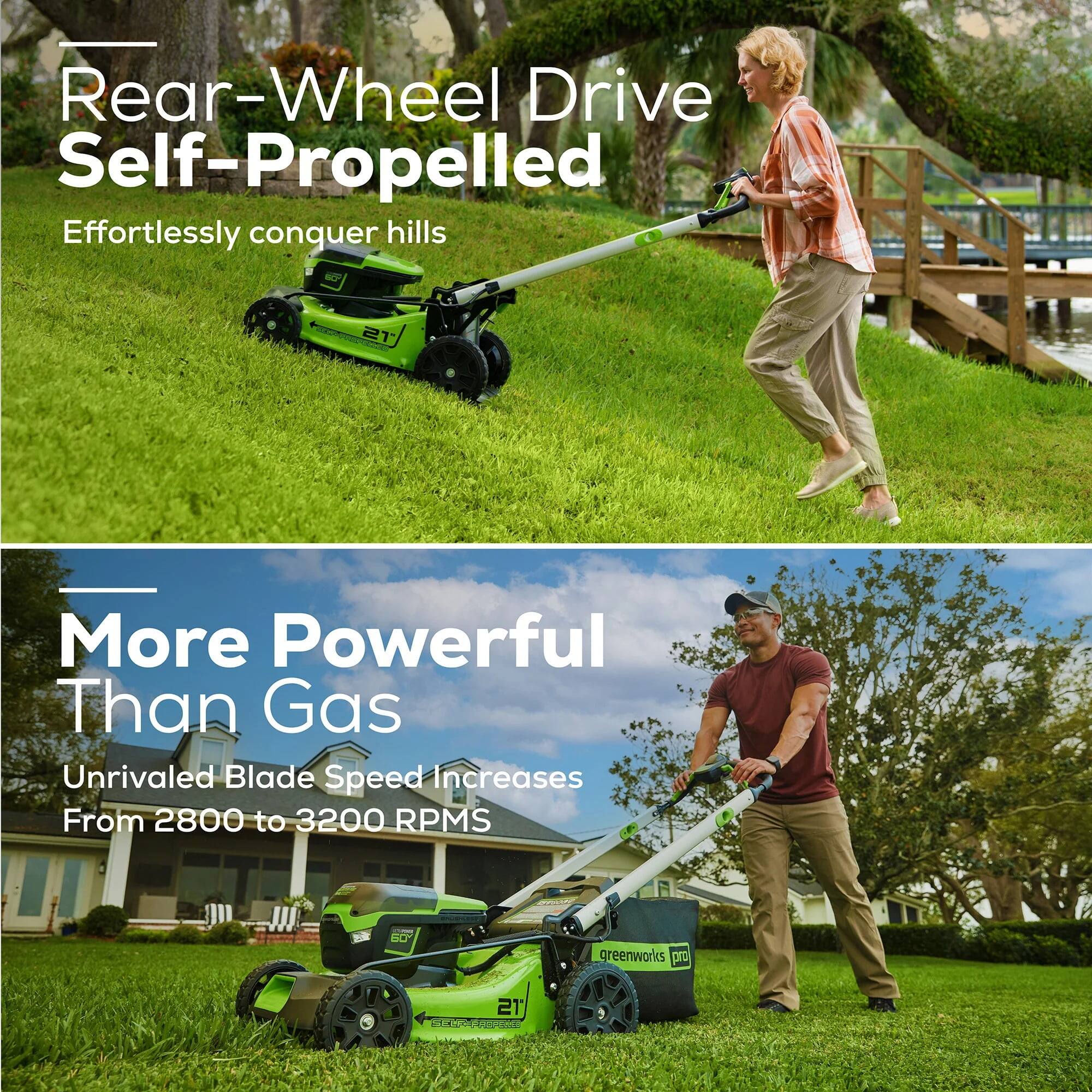 Rear-Wheel Drive Self-Propelled  
Effortlessly conquer hills  

More Powerful Than Gas  
Unrivaled Blade Speed Increases From 2800 to 3200 RPMs  

greenworks pro 21 S1 CA