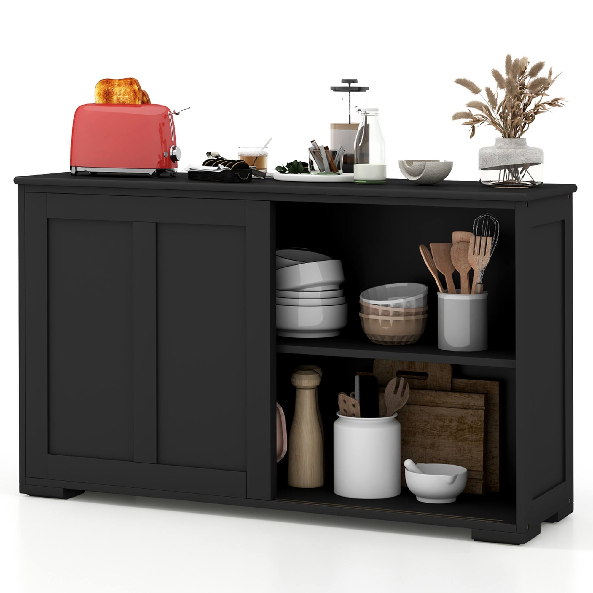 Alt View 8. Costway - Stackable Buffet Sideboard Set of 2 with Sliding Doors & Adjustable Shelf - Black.