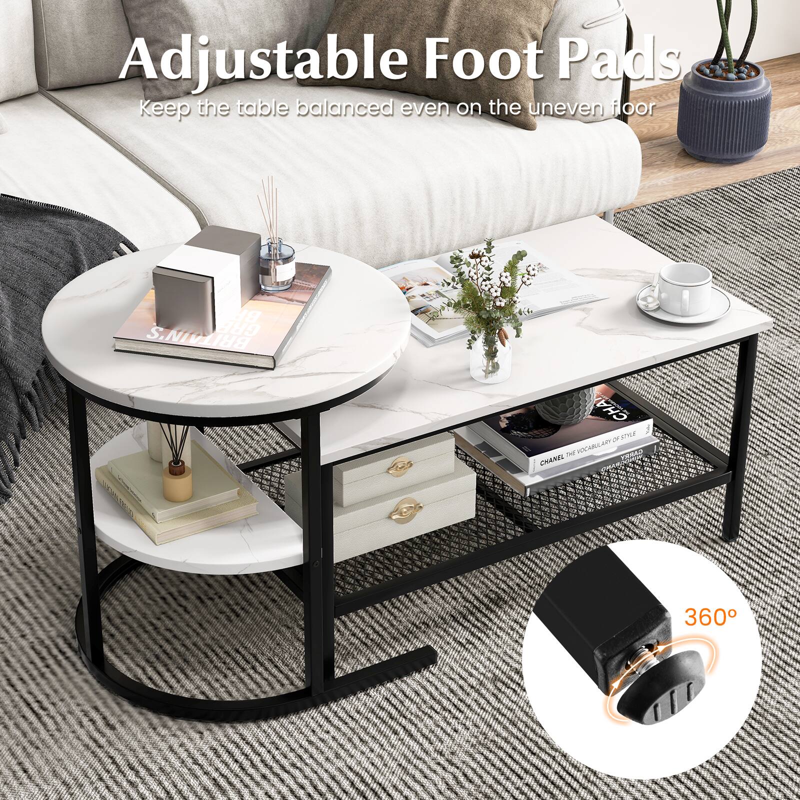 Adjustable Foot Pads: Keep the table balanced even on the uneven floor.