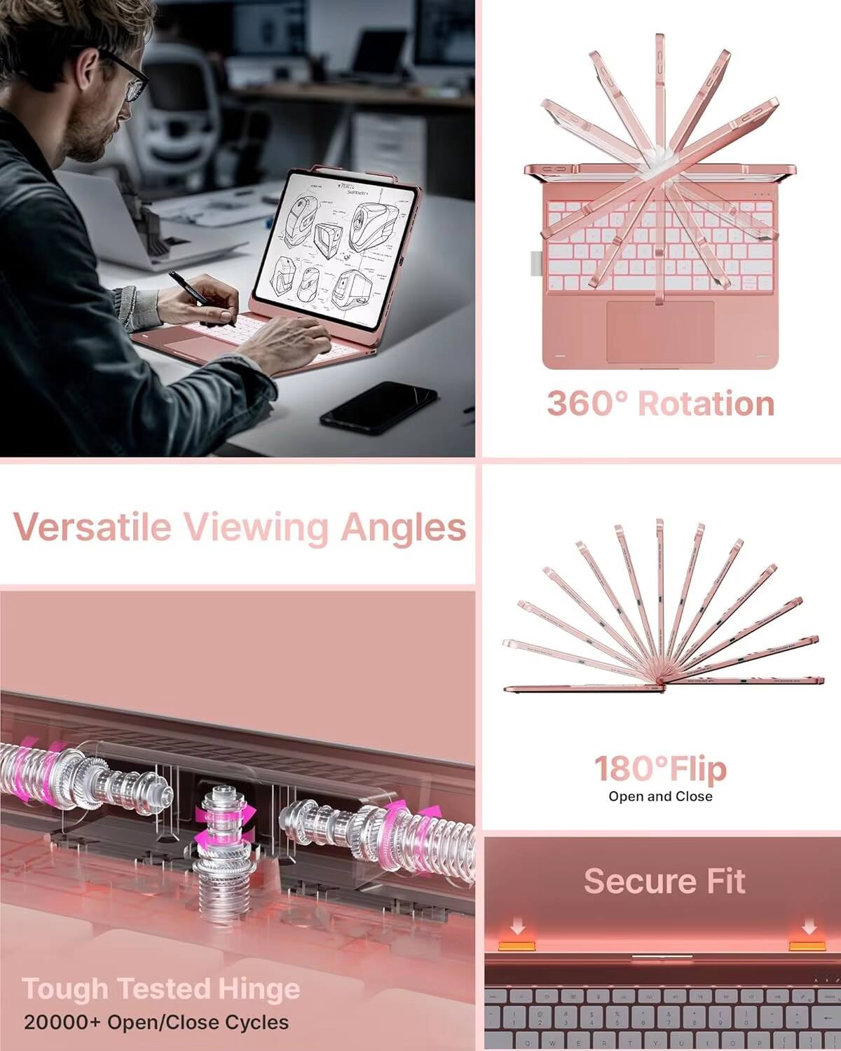 360° Rotation  
Versatile Viewing Angles  
180° Flip  
Open and Close  
Secure Fit  
Tough Tested Hinge  
20000+ Open/Close Cycles