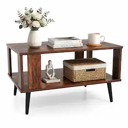 Costway - Industrial 2-Tier Wooden Coffee Table with Storage Shelf - Rustic Brown, Black