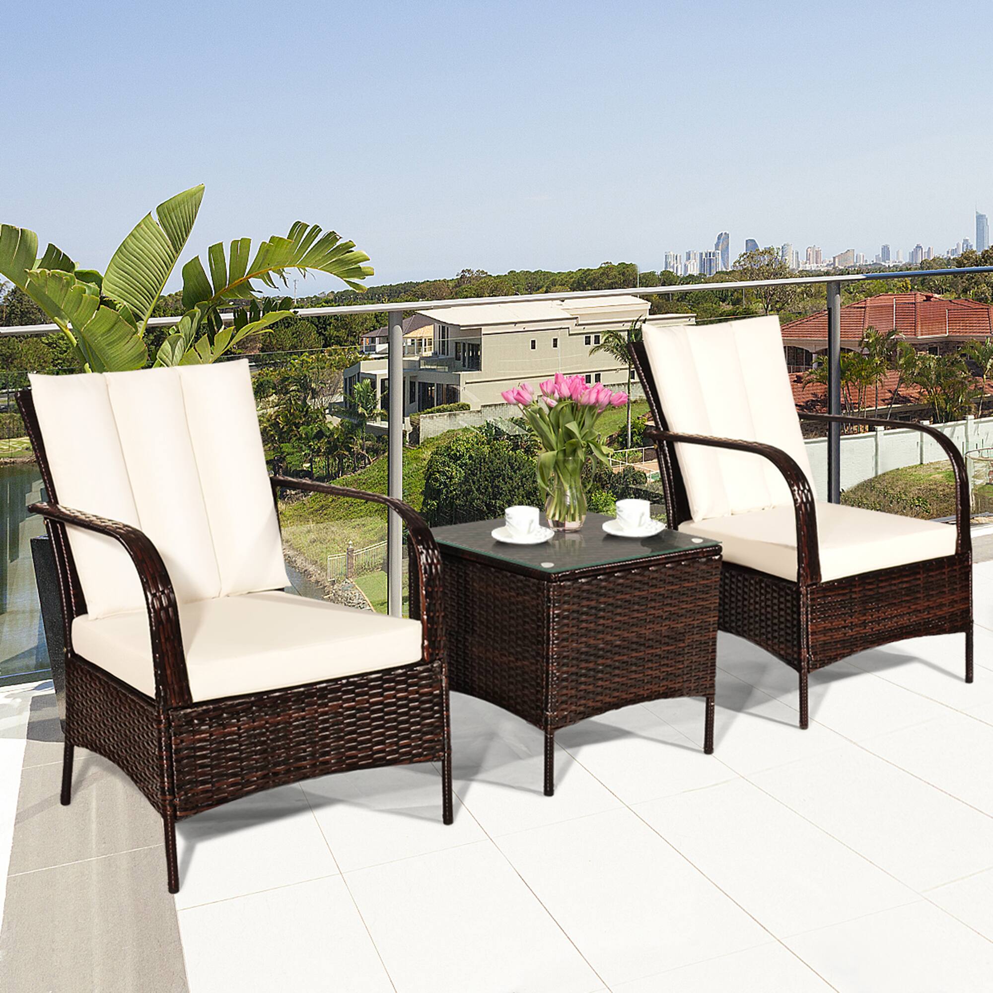 Alt View 3. Gymax - Gymax 3PCS Patio Outdoor Rattan Conversation Set Furniture Set w/ Table Cushions - White.