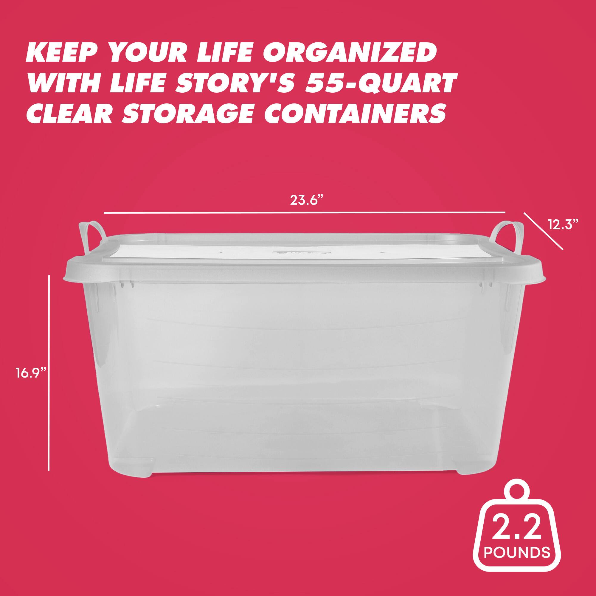 KEEP YOUR LIFE ORGANIZED WITH LIFE STORY'S 55-QUART CLEAR STORAGE CONTAINERS

23.6" 12.3" 16.9" 2.2 POUNDS