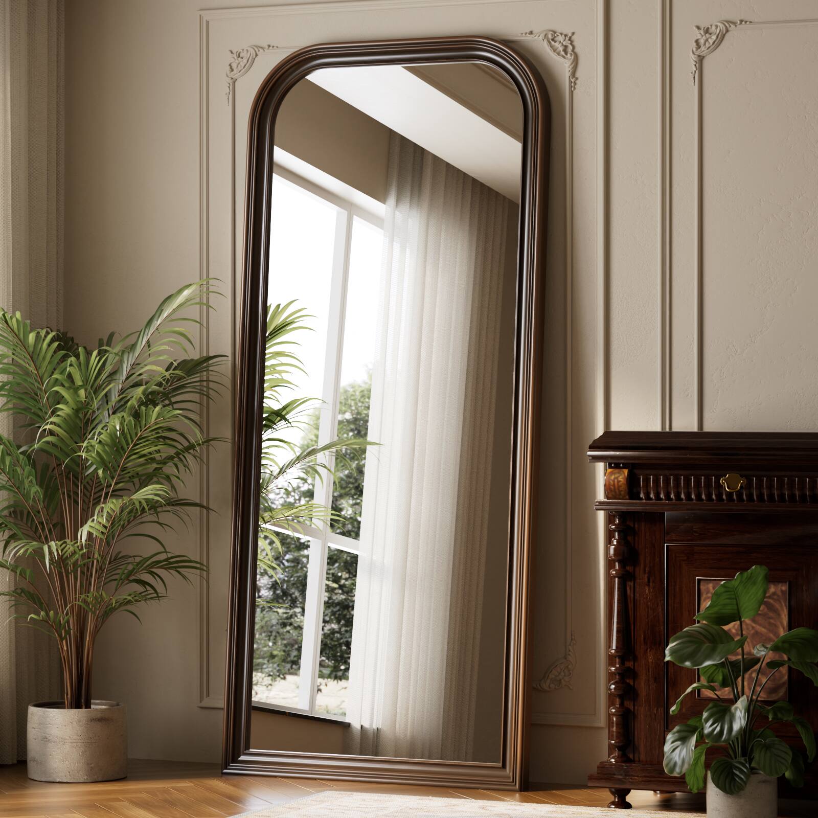 Back. Easly - Antique Bronze 32 in. W x 71 in. H Rectangular PU Frame Full Length Mirror Floor Mirror - Antique Bronze.