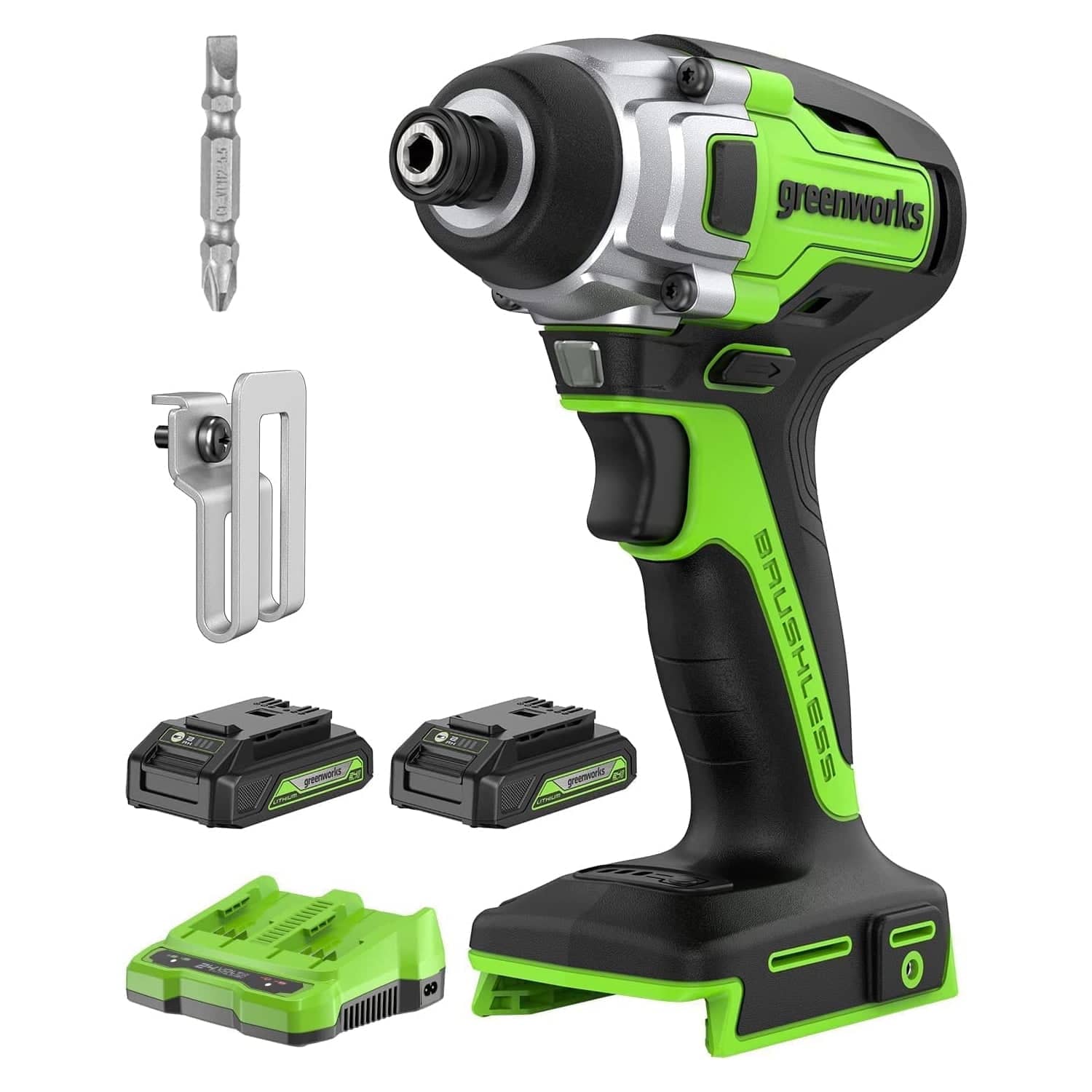 Greenworks - 24V 1/4" 2650 in-lbs Brushless Impact Driver Kit with (2) 2Ah Batteries and Dual Port Charger - Green
