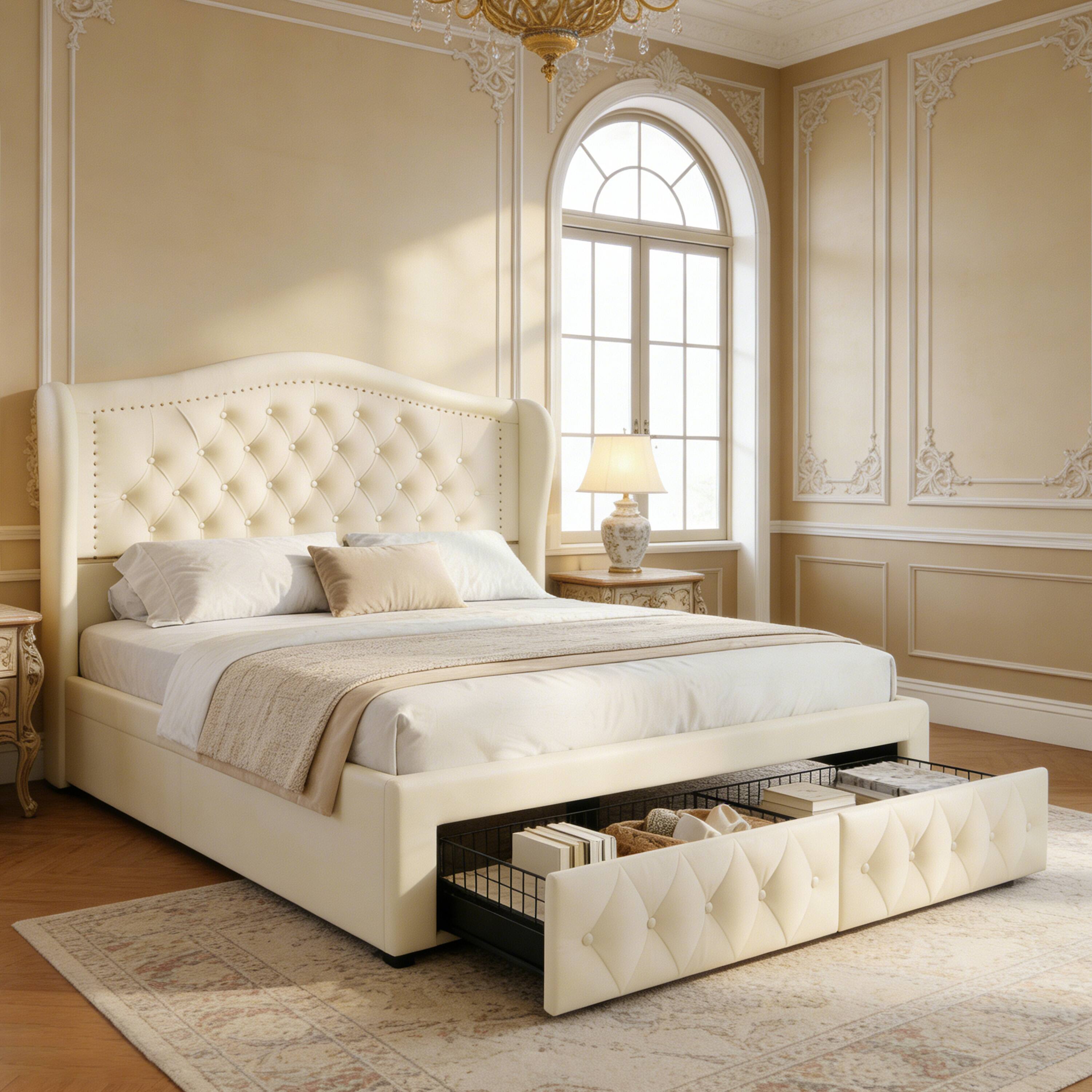 Back. Dyonery - Dyonery modern light luxury velvet bed, diamond-shaped riveted headboard, large-capacity drawers - Golden.