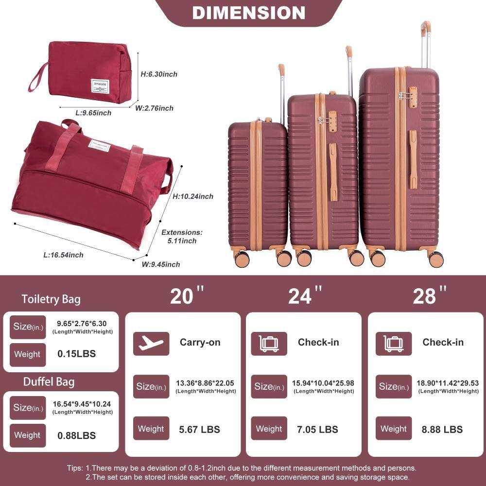 **DIMENSION**

**Toiletry Bag**
- Size (in.): 9.65" x 2.76" x 6.30"
- Weight: 0.15 LBS

**Duffel Bag**
- Size (in.): 16.54" x 9.45" x 10.24"
- Weight: 0.88 LBS

**20" Carry-on**
- Size (in.): 13.36" x 8.86" x 22.05"
- Weight: 5.67 LBS

**24" Check-in**
- Size (in.): 15.94" x 10.04" x 25.98"
- Weight: 7.05 LBS

**28" Check-in**
- Size (in.): 18.90" x 11.42" x 29.53"
- Weight: 8.88 LBS

**Tips:**
1. There may be a deviation of 0.8-1.2 inch due to the