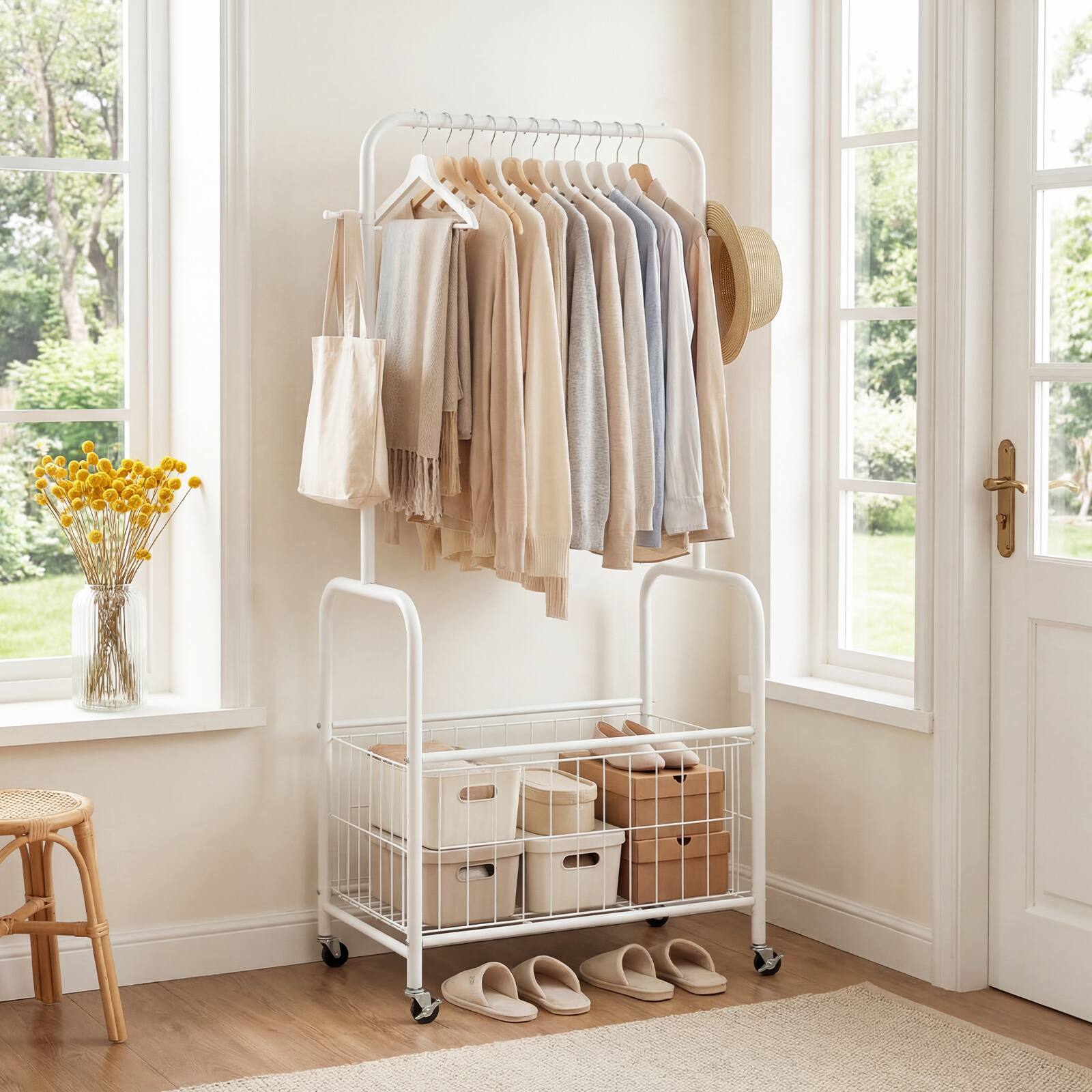 Alt View 3. Gymax - Gymax Rolling Clothes Rack w/Hanging Rod Side Hooks Storage Basket Lockable Wheels White - White.
