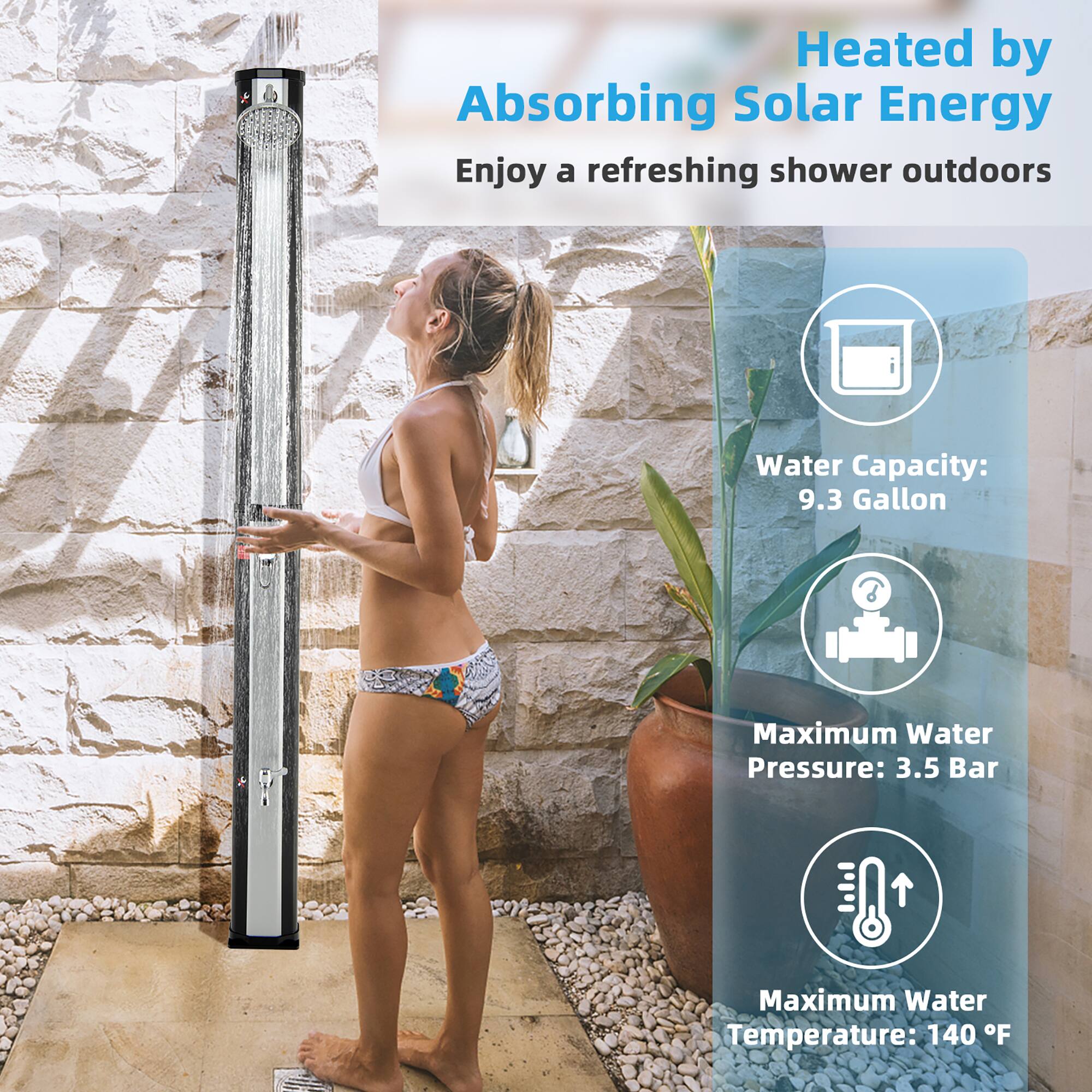 Alt View 5. Costway - Costway 7.2 FT 9.3 Gallon Solar Heated Shower w/ Adjustable Head & Foot Tap Spigot - Black/Silver.