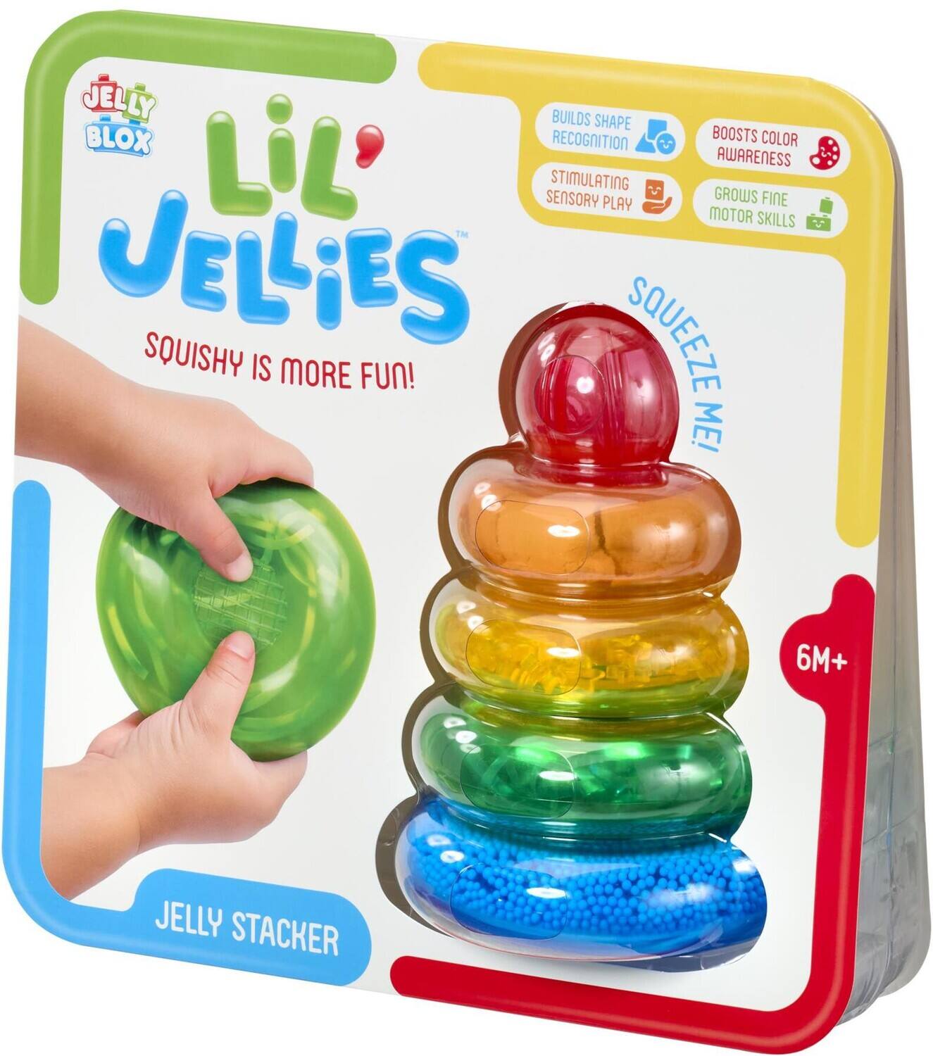 JELLY BLOX LIL' JELLIES  
SQUISHY IS MORE FUN!  
JELLY STACKER  

6M+  

BUILDS SHAPE RECOGNITION  
BOOSTS COLOR AWARENESS  
STIMULATING SENSORY PLAY  
GROWS FINE MOTOR SKILLS