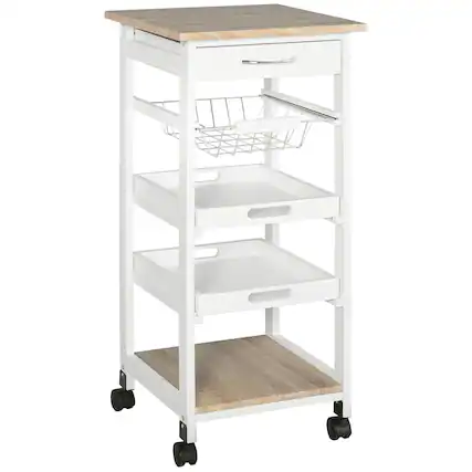 Front. Homcom - Mobile Kitchen Cart, Rolling Kitchen Island with Storage, Solid Wood Frame Utility Cart with Wire Fruit Baskets - White.