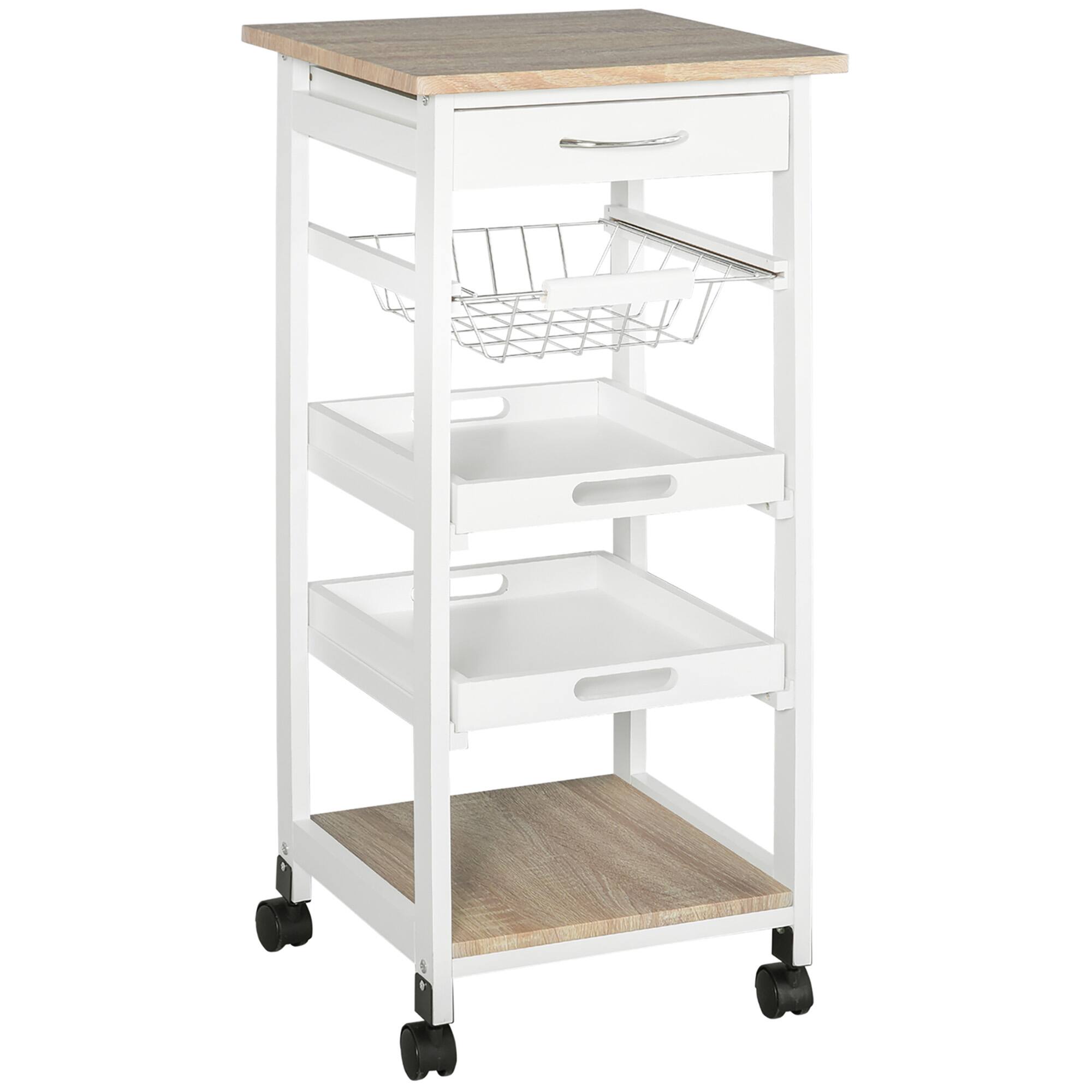 Homcom - Mobile Kitchen Cart, Rolling Kitchen Island with Storage, Solid Wood Frame Utility Cart with Wire Fruit Baskets - White