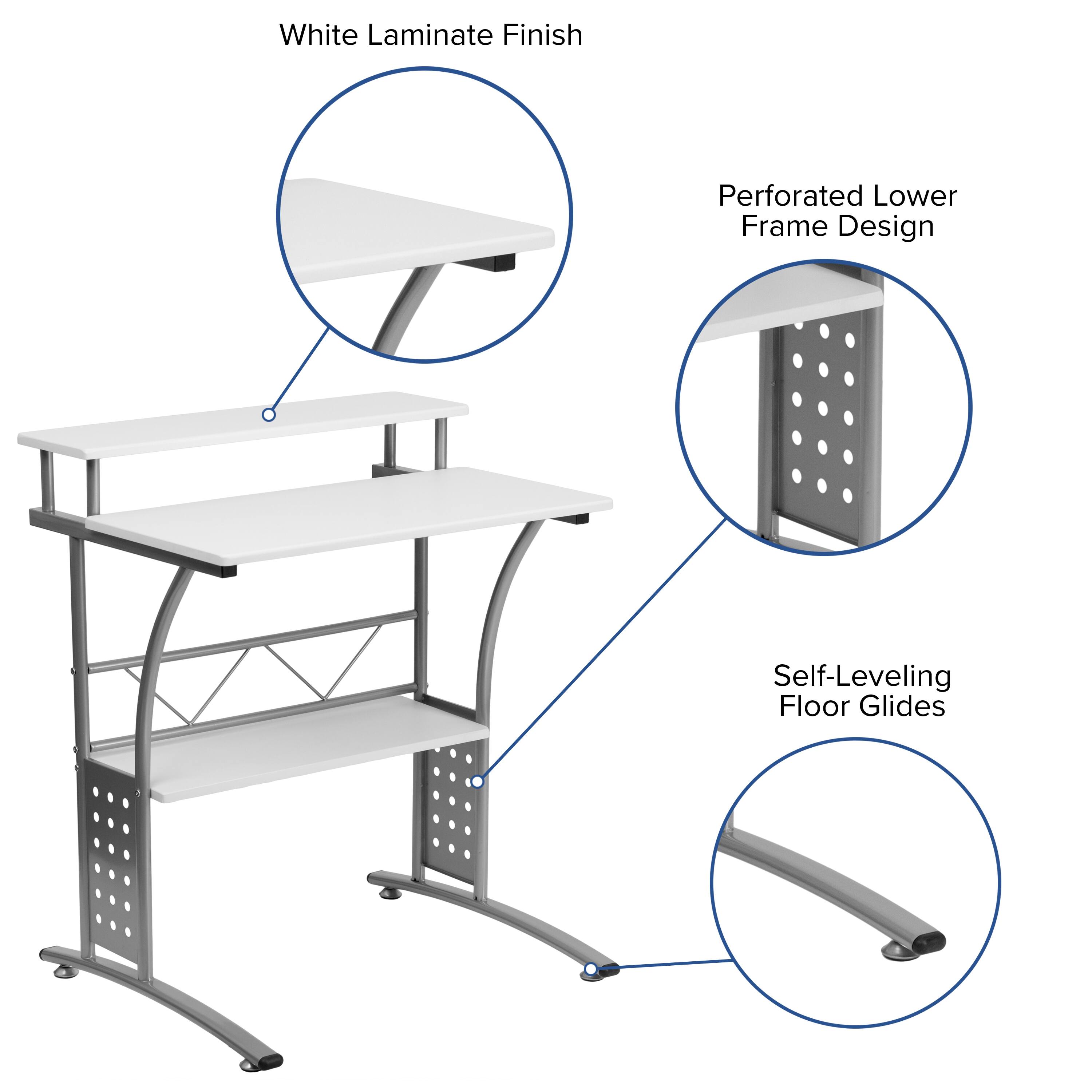 White Laminate Finish  
Perforated Lower Frame Design  
Self-Leveling Floor Glides
