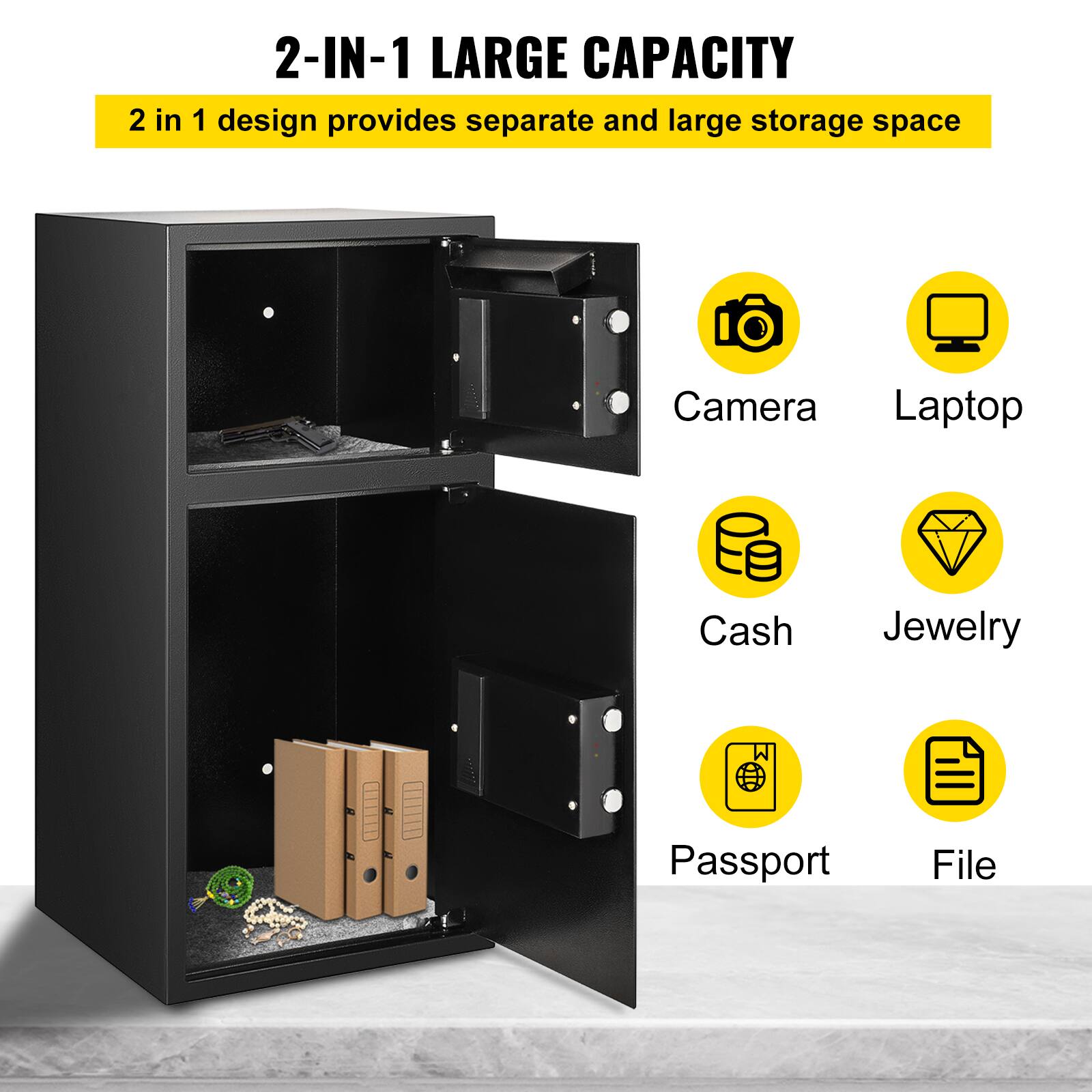 2-IN-1 LARGE CAPACITY, 2 in 1 design provides separate and large storage space, Camera, Laptop, Cash, Jewelry, Passport, File