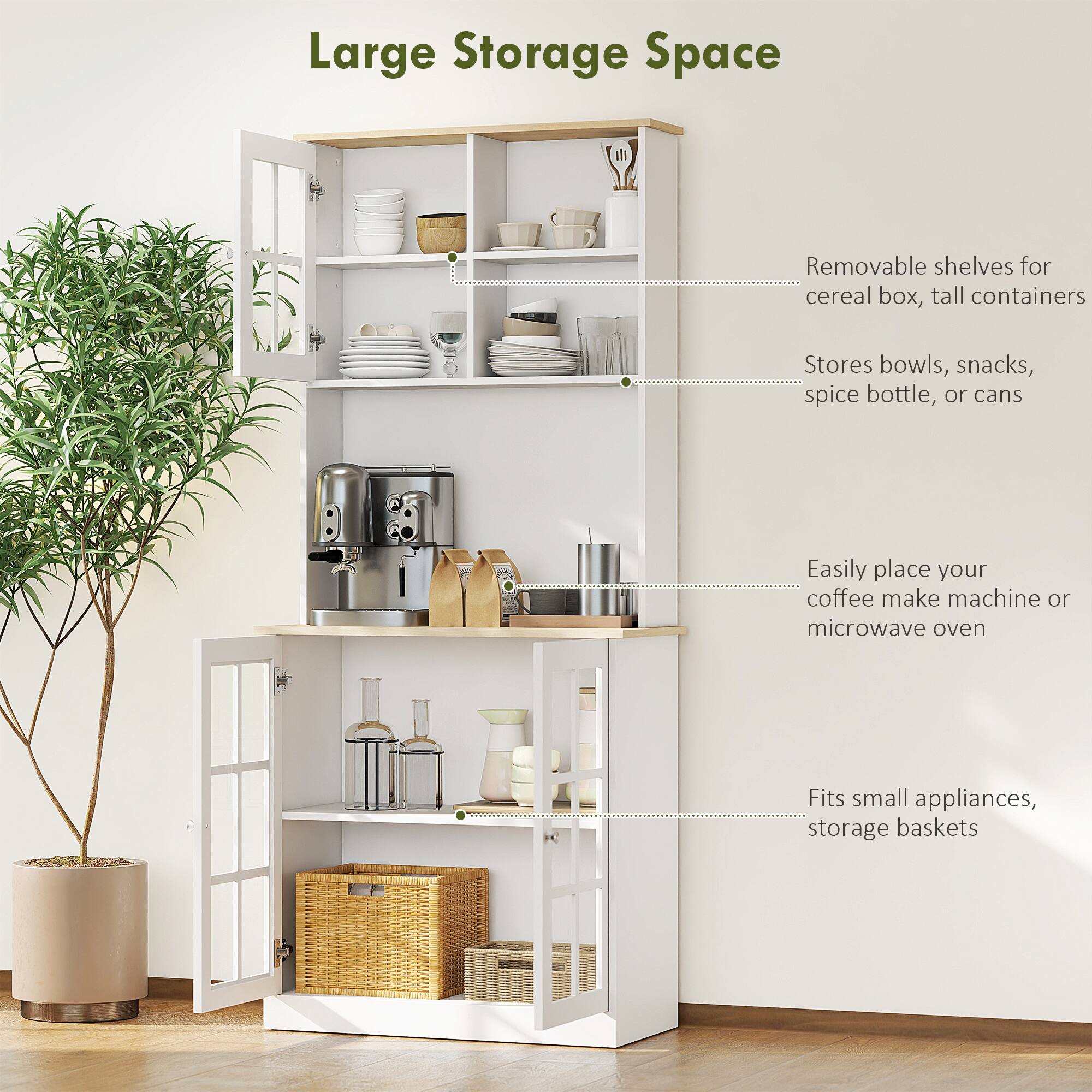 Large Storage Space

Removable shelves for cereal box, tall containers
Stores bowls, snacks, spice bottle, or cans
Easily place your coffee make machine or microwave oven
Fits small appliances, storage baskets