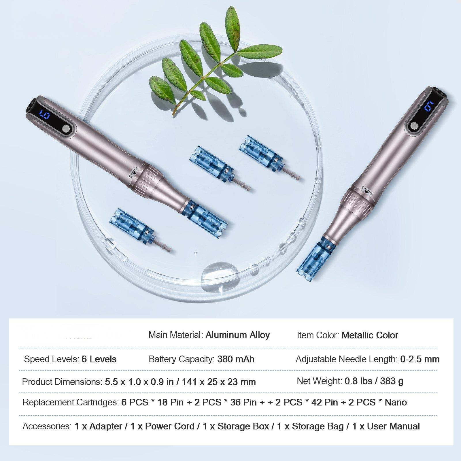 Main Material: Aluminum Alloy  
Item Color: Metallic Color  

Speed Levels: 6 Levels  
Battery Capacity: 380 mAh  
Adjustable Needle Length: 0-2.5 mm  

Product Dimensions: 5.5 x 1.0 x 0.9 in / 141 x 25 x 23 mm  
Net Weight: 0.8 lbs / 383 g  

Replacement Cartridges: 6 PCS * 18 Pin + 2 PCS * 36 Pin + 2 PCS * 42 Pin + 2 PCS * Nano  

Accessories: 1 x Adapter / 1 x Power Cord / 1 x Storage Box / 1 x Storage Bag / 1 x User Manual
