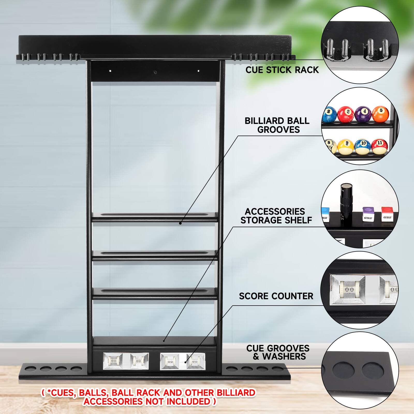 CUE STICK RACK, BILLIARD BALL GROOVES, ACCESSORIES STORAGE SHELF, SCORE COUNTER, CUE GROOVES & WASHERS