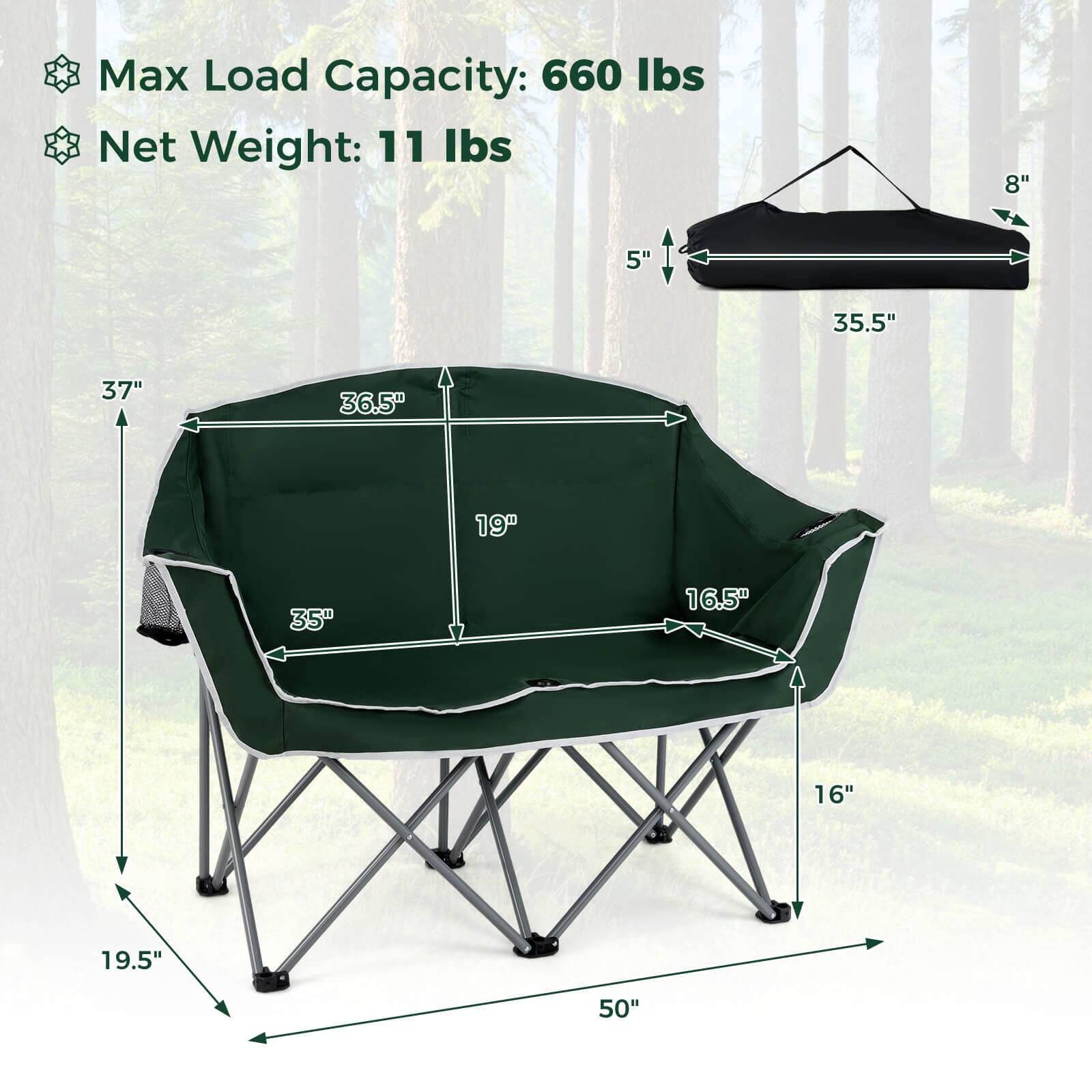 Max Load Capacity: 660 lbs  
Net Weight: 11 lbs  

Dimensions:  
- 50" (width)  
- 37" (height)  
- 36.5" (depth)  
- 35.5" (seat width)  
- 19" (seat depth)  
- 16.5" (backrest height)  
- 16" (legroom)  
- 19.5" (legroom)  
- 8" (headrest height)  
- 5" (headrest width)