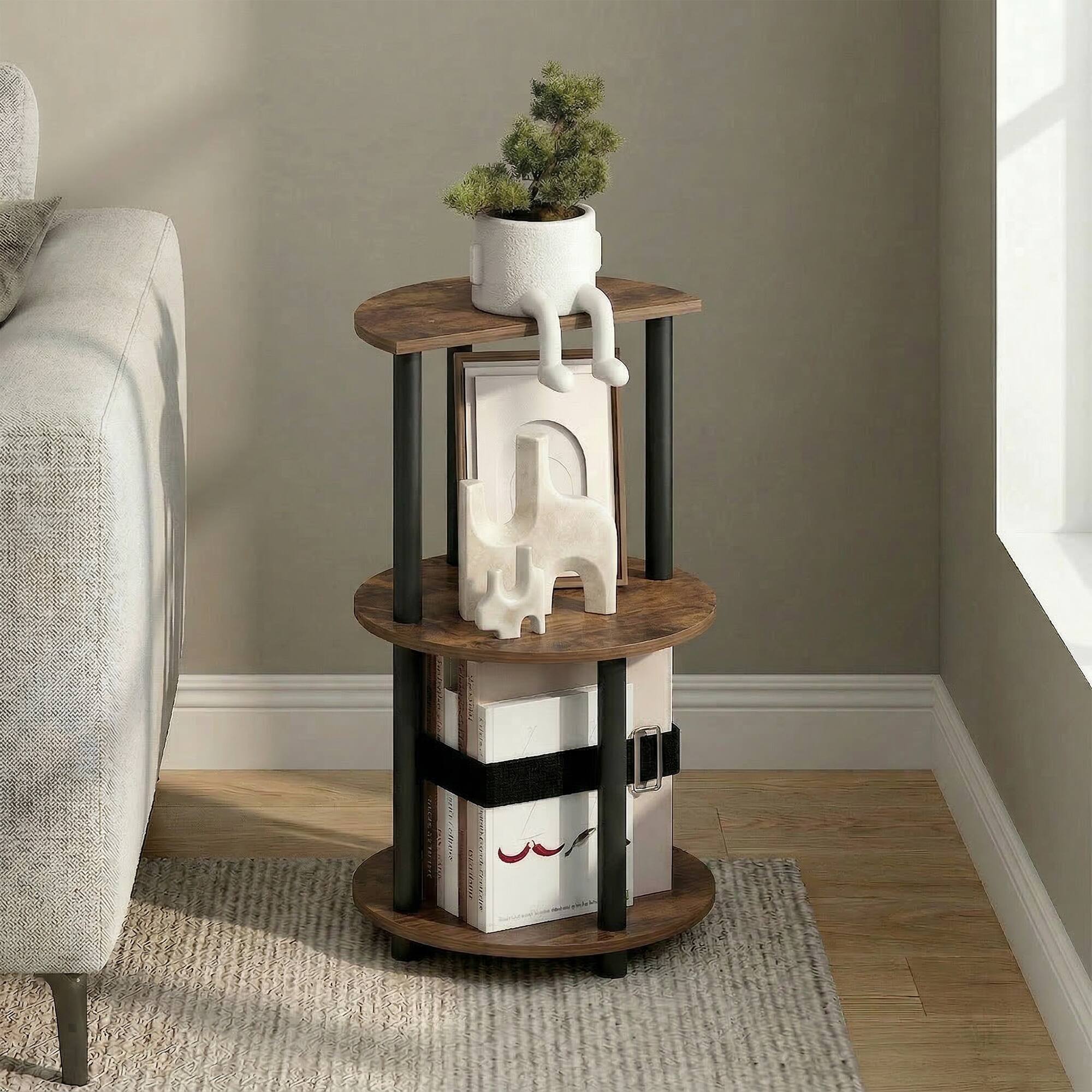 Alt View 1. Furinno - TURN-N-TUBE Side Table, Round End Table, Half Round Table Top Night Stand, Toolless Nightstand, Bedside Table,Open Shelf - Amber Pine/Black.