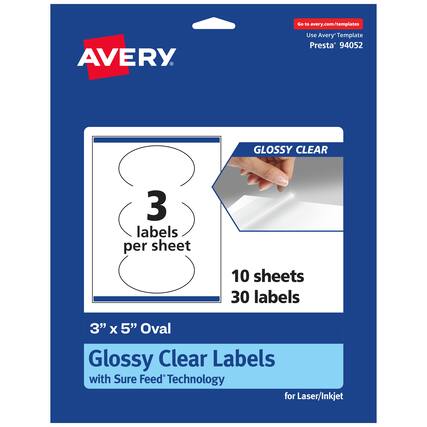 Go to avery.com/templates
Use Avery Template Presta® 94052
GLOSSY CLEAR
3 labels per sheet
10 sheets 30 labels
3" x 5" Oval
Glossy Clear Labels with Sure Feed® Technology
for Laser/Inkjet