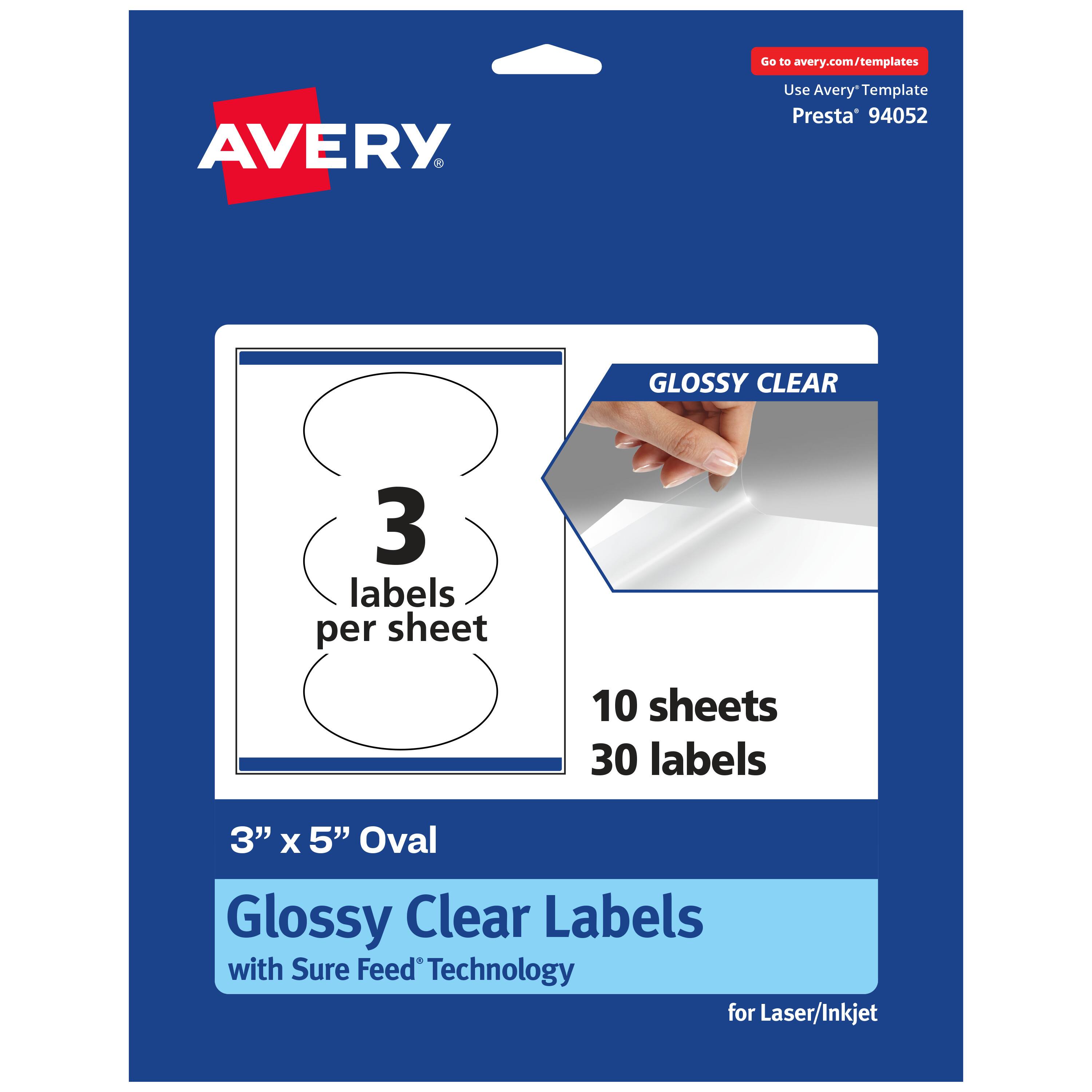 Go to avery.com/templates  
Use Avery Template Presta® 94052  

GLOSSY CLEAR  
3 labels per sheet  
10 sheets 30 labels  

3" x 5" Oval  
Glossy Clear Labels with Sure Feed® Technology  
for Laser/Inkjet