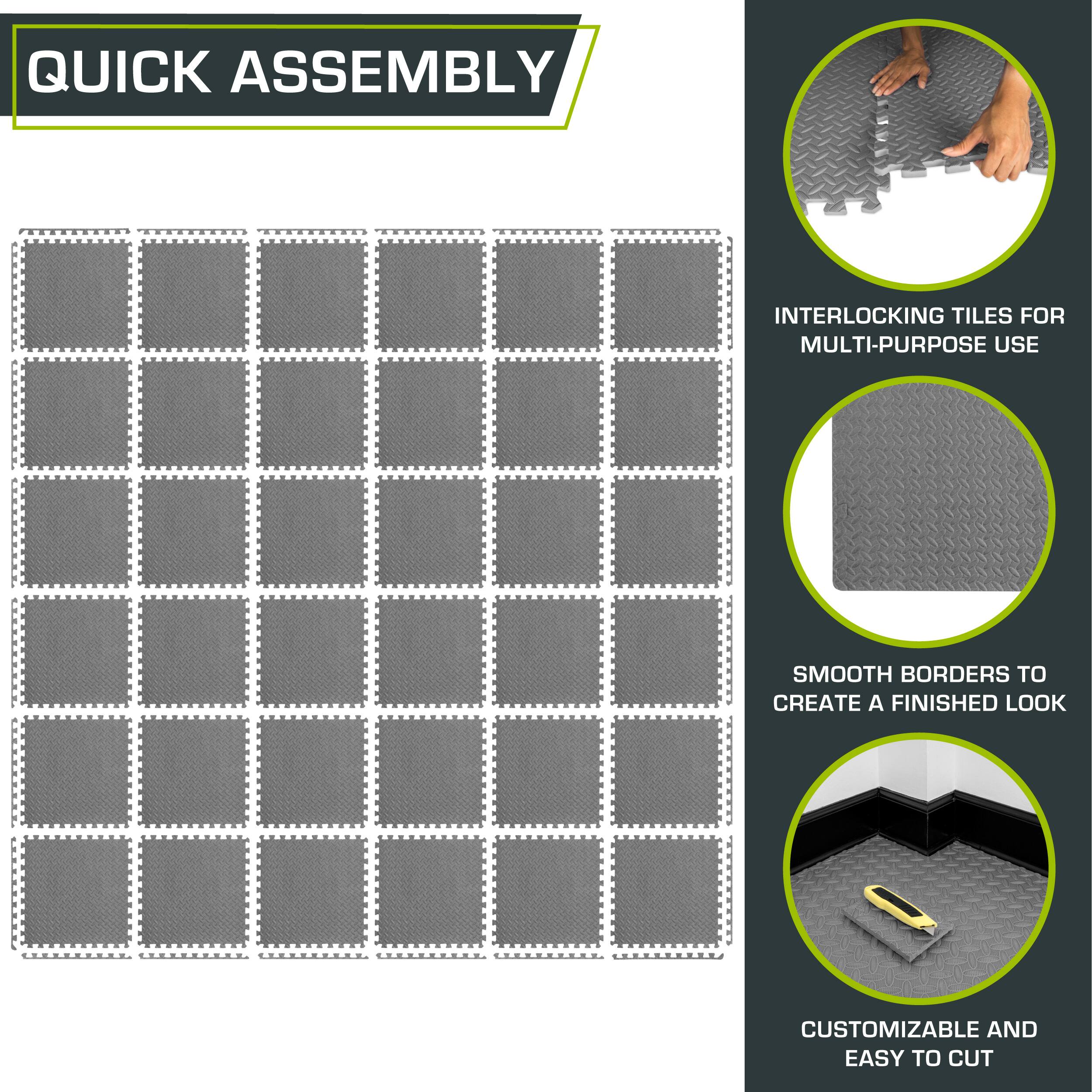 Quick Assembly Interlocking Tiles for Multi-Purpose Use. Smooth Borders to Create a Finished Look. Customizable and Easy to Cut.